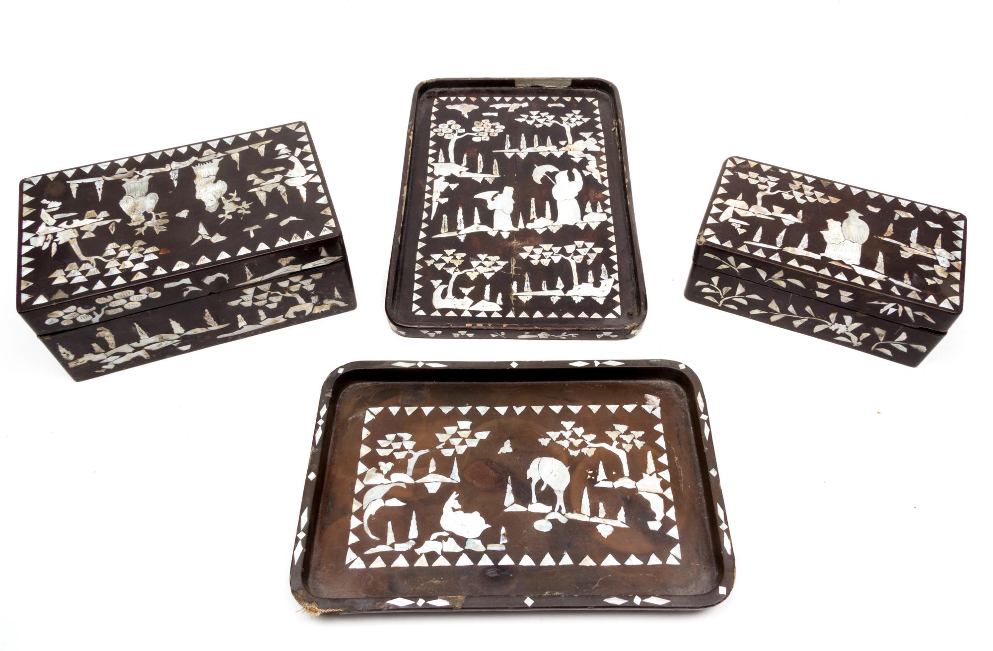A Group of Four Lacquered Articles Length 13 1/2 inches.