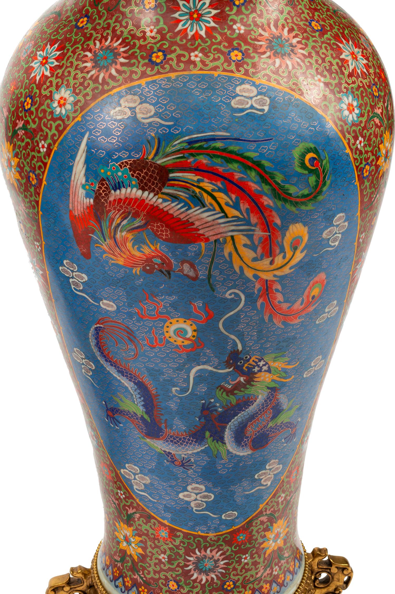 A Pair of Chinese Export Cloisonné-Over-Porcelain Floor Vases on Gilt Metal Bases