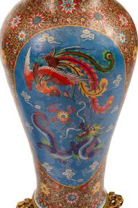 A Pair of Chinese Export Cloisonné-Over-Porcelain Floor Vases on Gilt Metal Bases