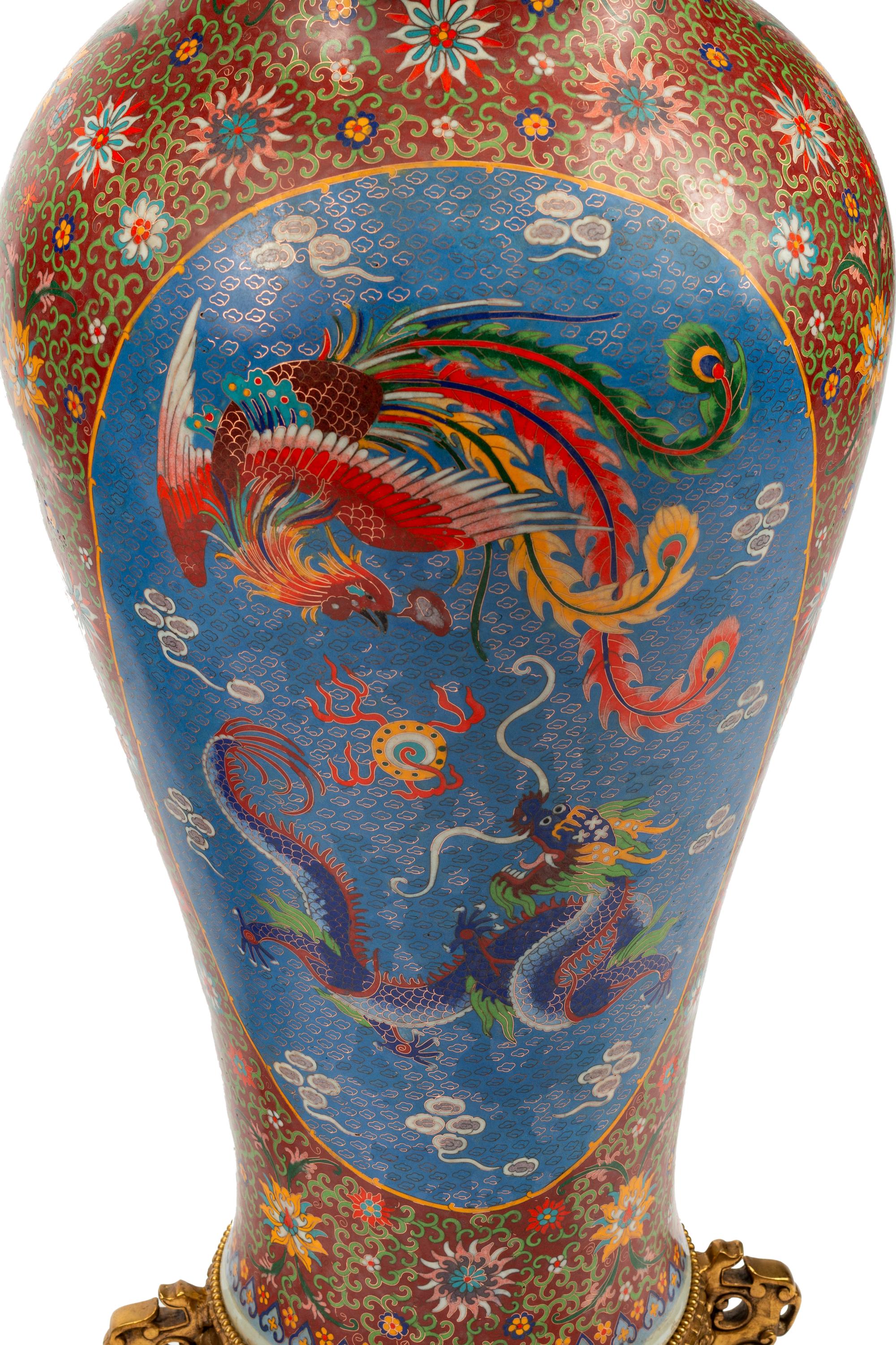 A Pair of Chinese Export Cloisonné-Over-Porcelain Floor Vases on Gilt Metal Bases