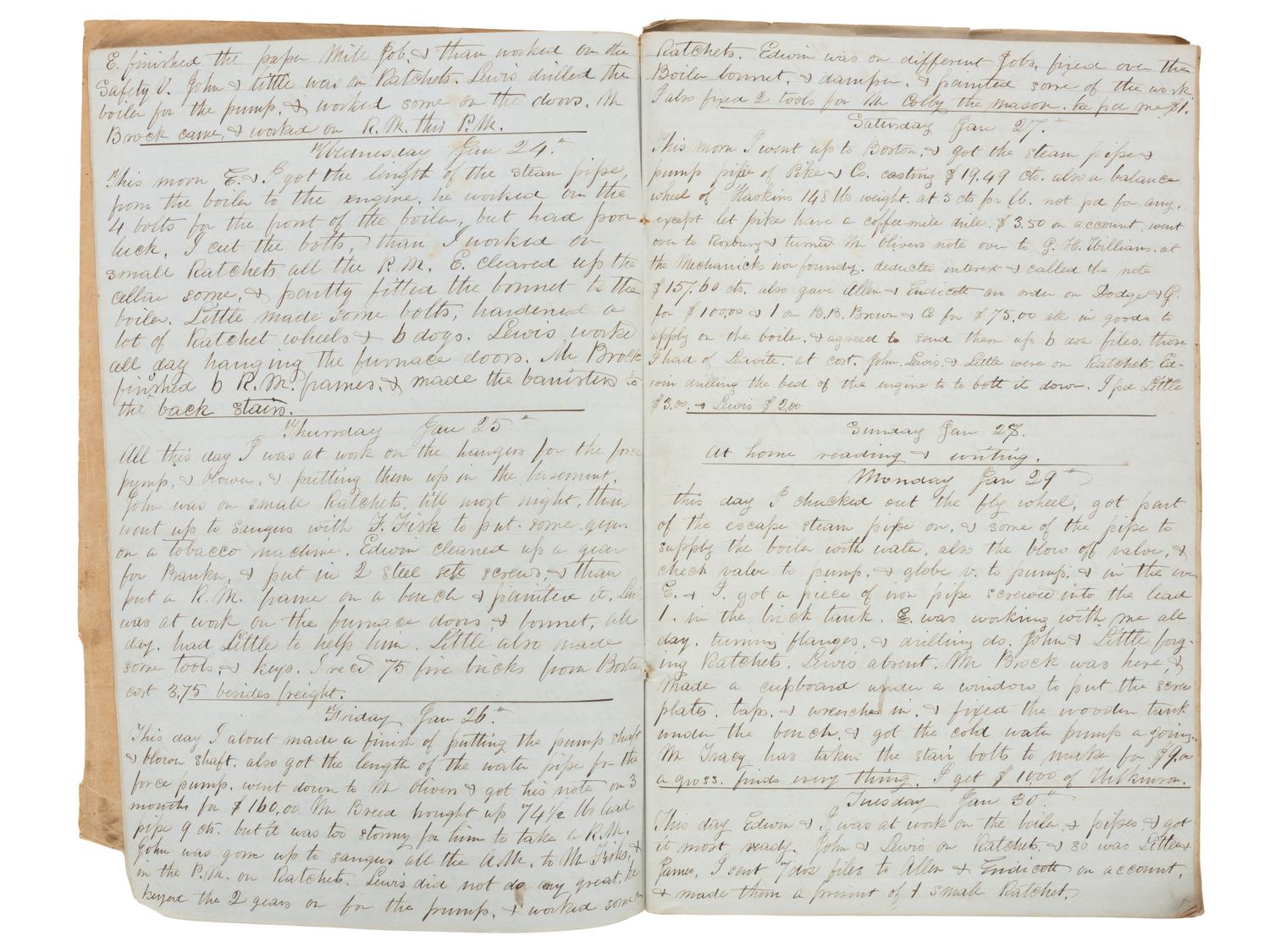 America in Manuscript Diaries of machinist Nathaniel S. Raymond (1811-1860), containing detailed descriptions of skilled labor and ongoing business transactions. Lynn, Essex County, Massachusetts, 1855 and 1859.