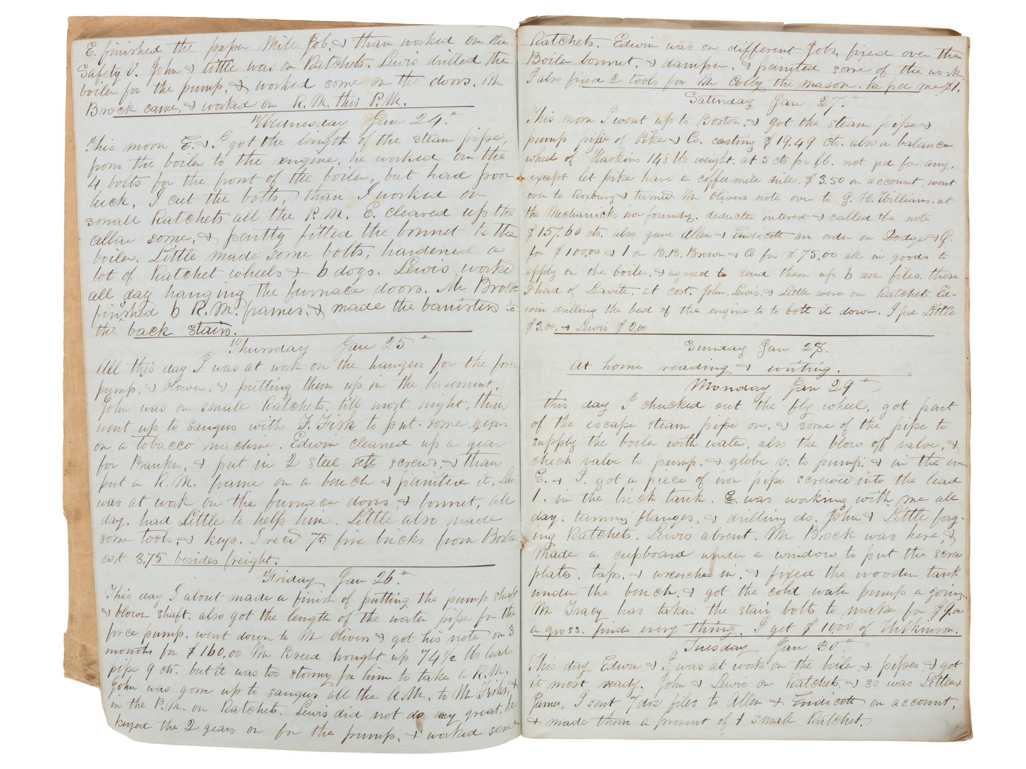 America in Manuscript Diaries of machinist Nathaniel S. Raymond (1811-1860), containing detailed descriptions of skilled labor and ongoing business transactions. Lynn, Essex County, Massachusetts, 1855 and 1859.