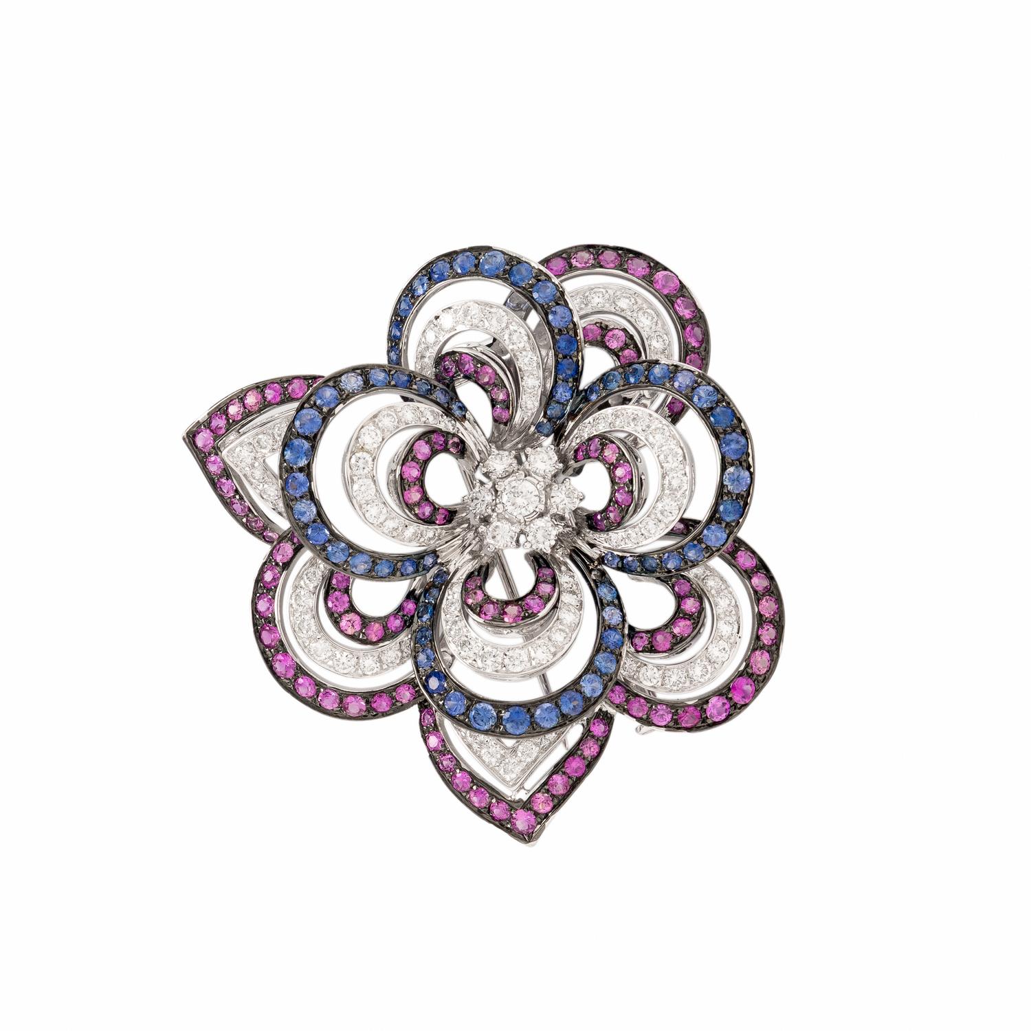 PINK SAPPHIRE, SAPPHIRE, AND DIAMOND FLOWER BROOCH