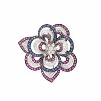 PINK SAPPHIRE, SAPPHIRE, AND DIAMOND FLOWER BROOCH