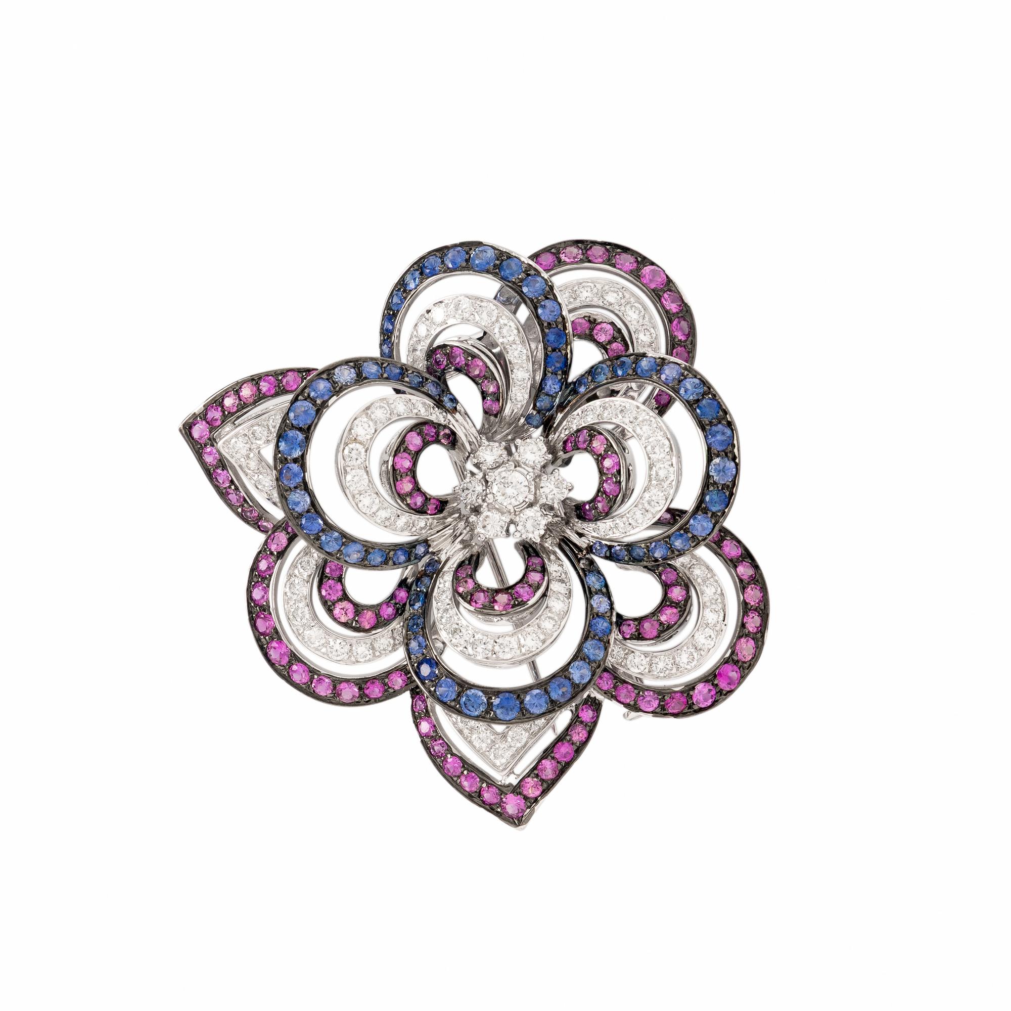 PINK SAPPHIRE, SAPPHIRE, AND DIAMOND FLOWER BROOCH