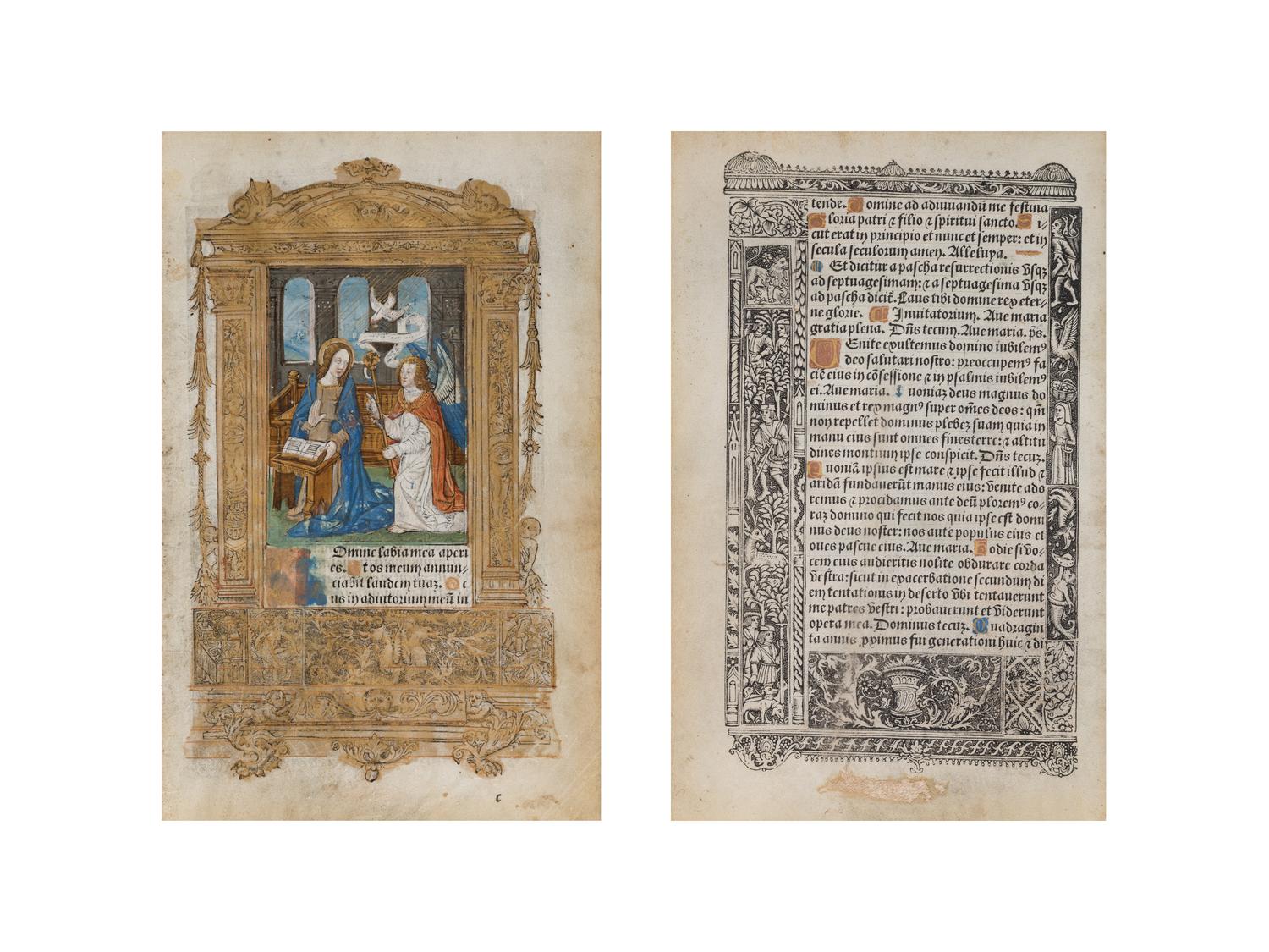 [BOOK OF HOURS]. HARDOUYN, Gilles and Germain (Paris, ca. 1500). A group of 5 printed leaves from a French Book of Hours, likely executed in the workshop of Gilles and Germain Hardouyn (Active ca. 1491-1541). Latin.