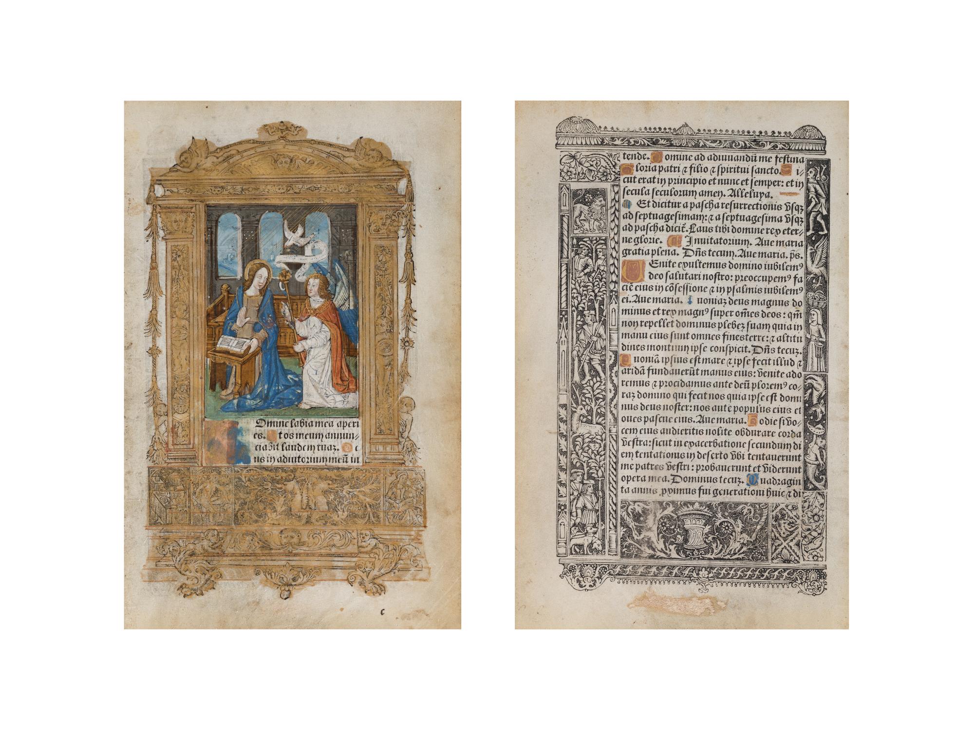 [BOOK OF HOURS]. HARDOUYN, Gilles and Germain (Paris, ca. 1500). A group of 5 printed leaves from a French Book of Hours, likely executed in the workshop of Gilles and Germain Hardouyn (Active ca. 1491-1541). Latin.