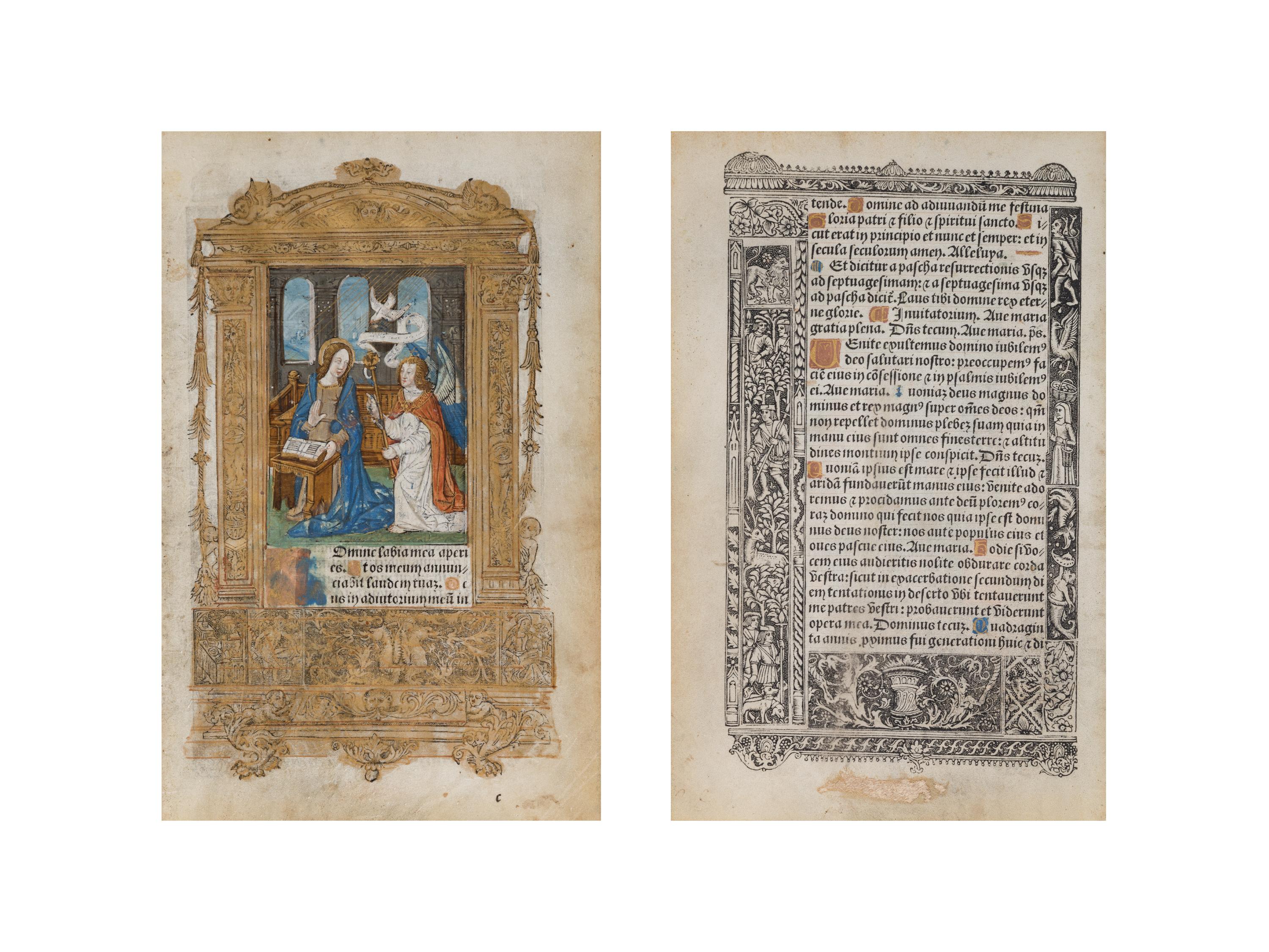 [BOOK OF HOURS]. HARDOUYN, Gilles and Germain (Paris, ca. 1500). A group of 5 printed leaves from a French Book of Hours, likely executed in the workshop of Gilles and Germain Hardouyn (Active ca. 1491-1541). Latin.