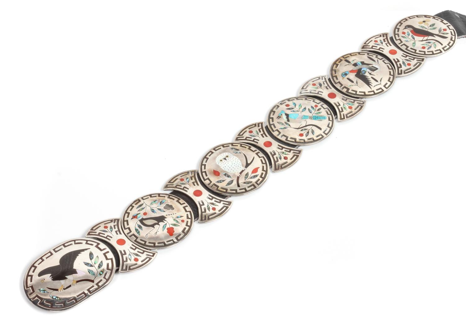 Zuni Silver Inlaid Concho Belt, Dennis and Nancy Edaakie (b.1931, b.1937) Length 53 inches