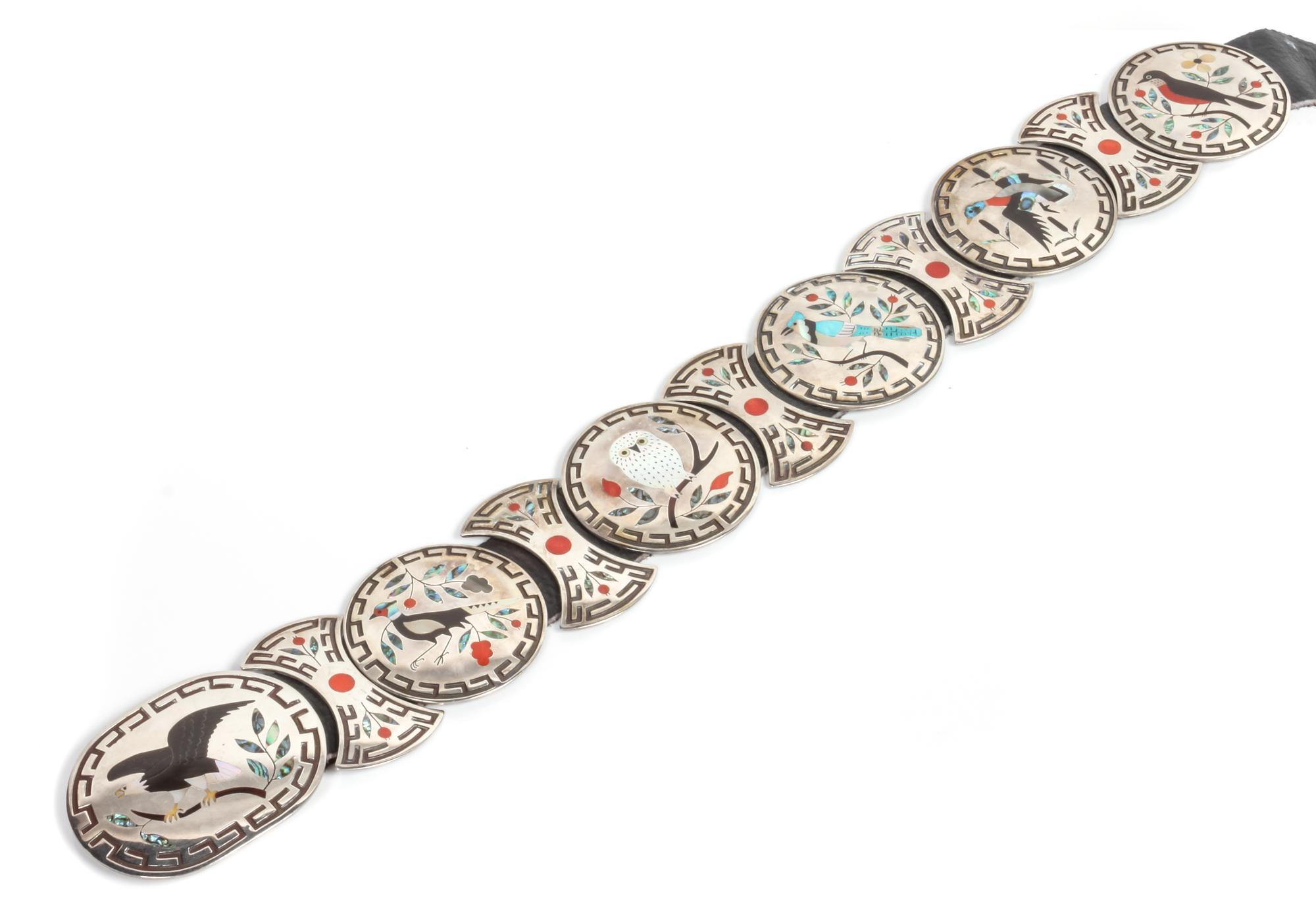 Zuni Silver Inlaid Concho Belt, Dennis and Nancy Edaakie (b.1931, b.1937) Length 53 inches