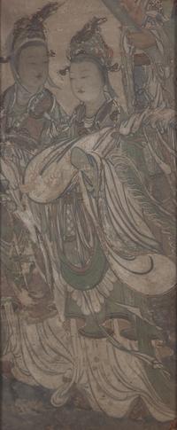 A Chinese Fresco Fragment Depicting Celestial Maidens, Ming Dynasty 明 瀝粉貼金 彩繪琵琶侍女壁畫殘片
