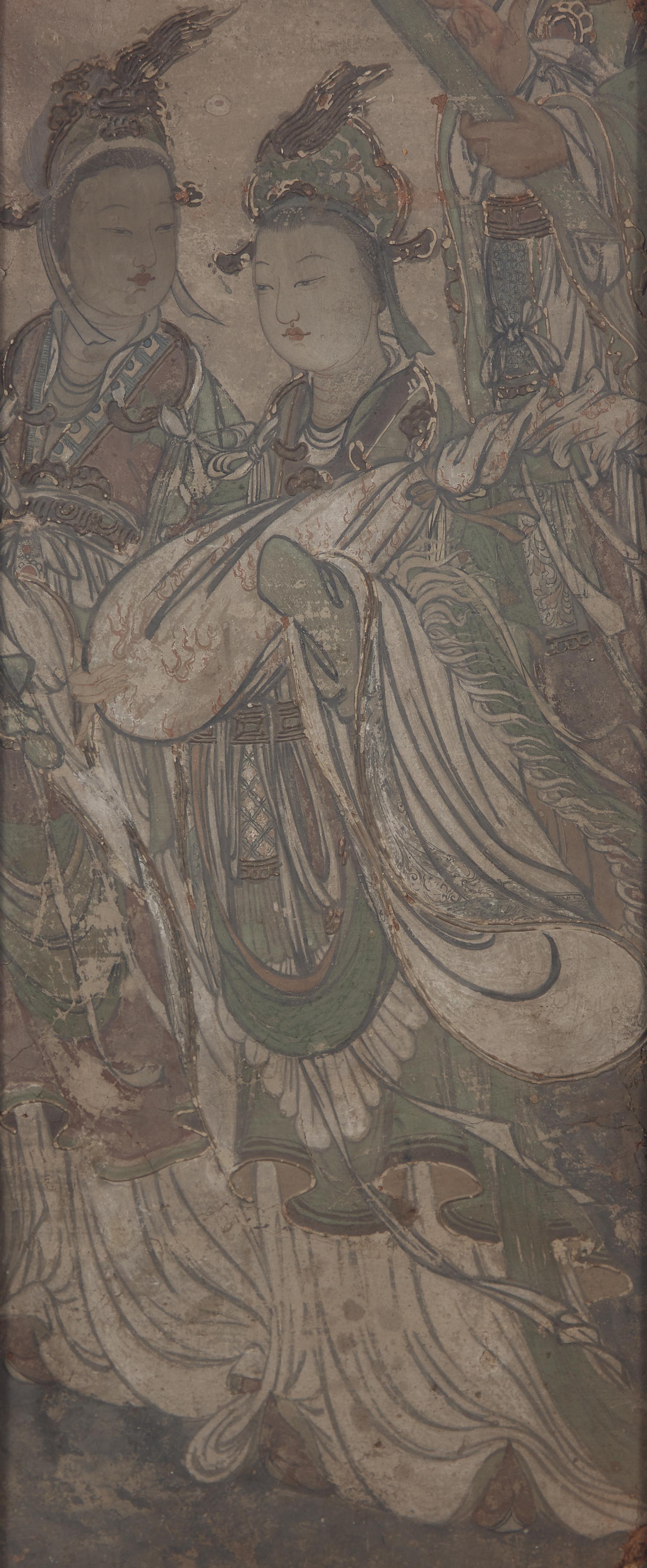 A Chinese Fresco Fragment Depicting Celestial Maidens, Ming Dynasty 明 瀝粉貼金 彩繪琵琶侍女壁畫殘片