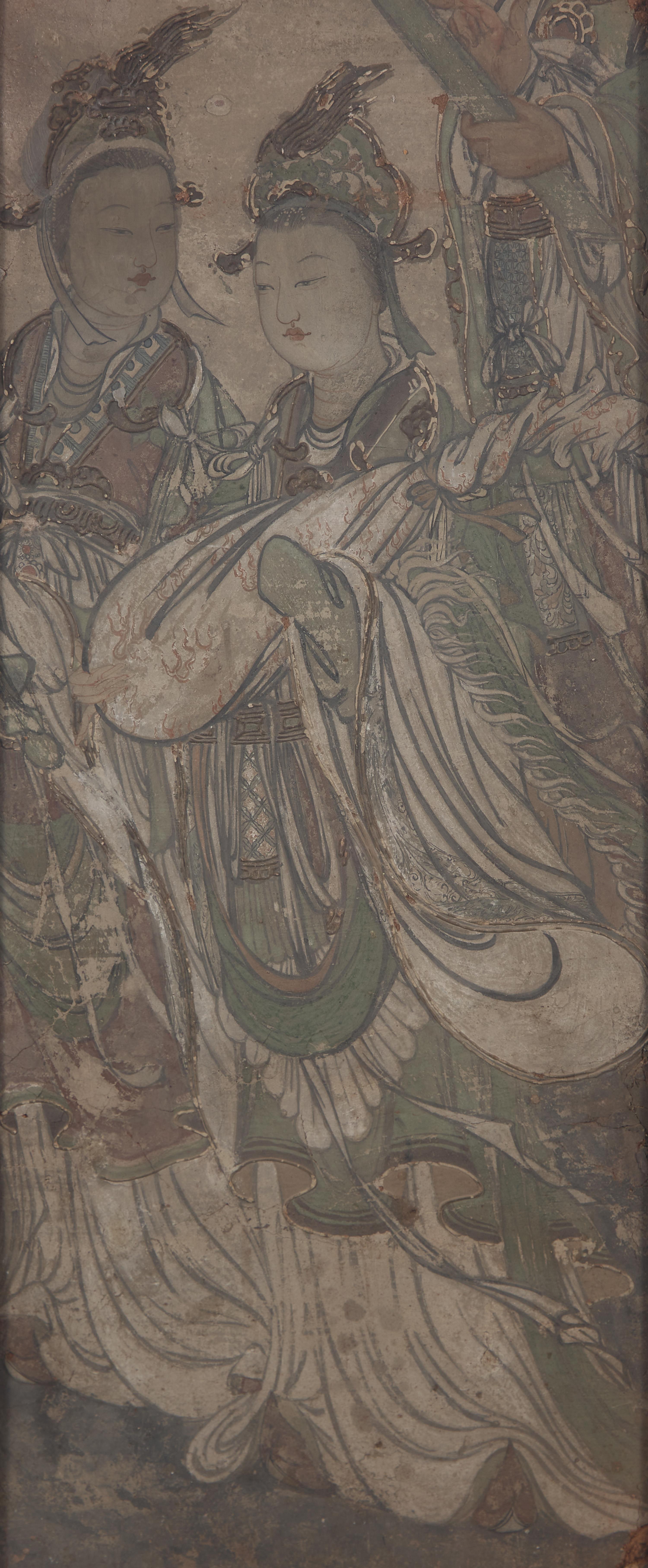 A Chinese Fresco Fragment Depicting Celestial Maidens, Ming Dynasty 明 瀝粉貼金 彩繪琵琶侍女壁畫殘片