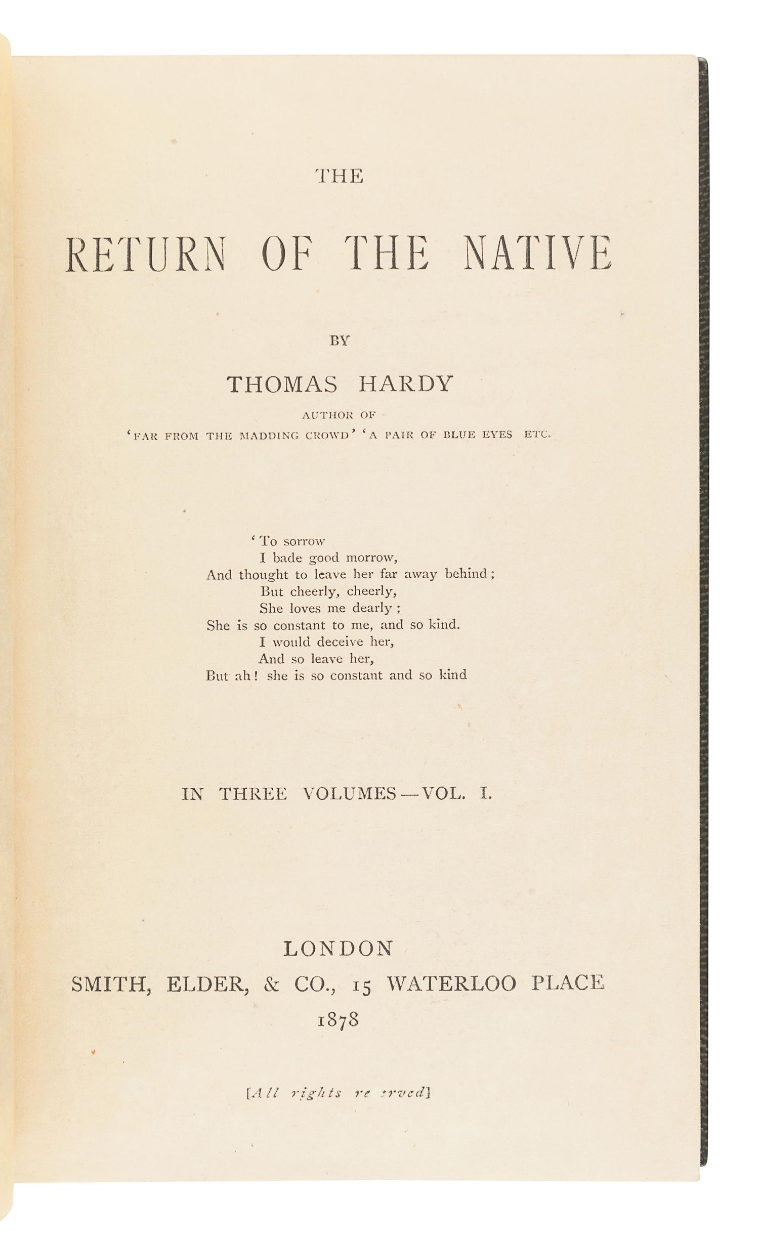 HARDY, Thomas (1840-1928). The Return of the Native. London: Smith, Elder, & Co., 1878.