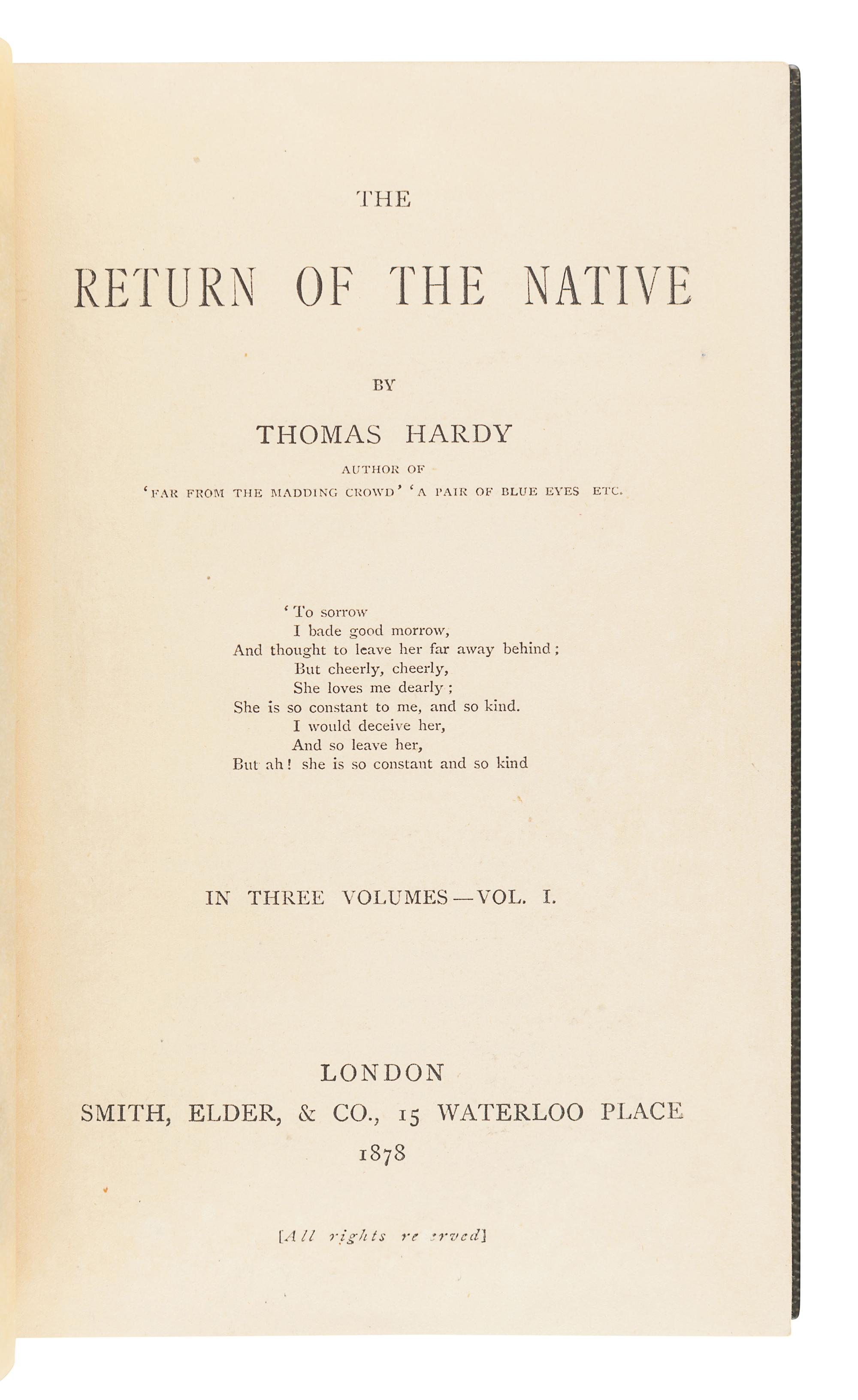 HARDY, Thomas (1840-1928). The Return of the Native. London: Smith, Elder, & Co., 1878.
