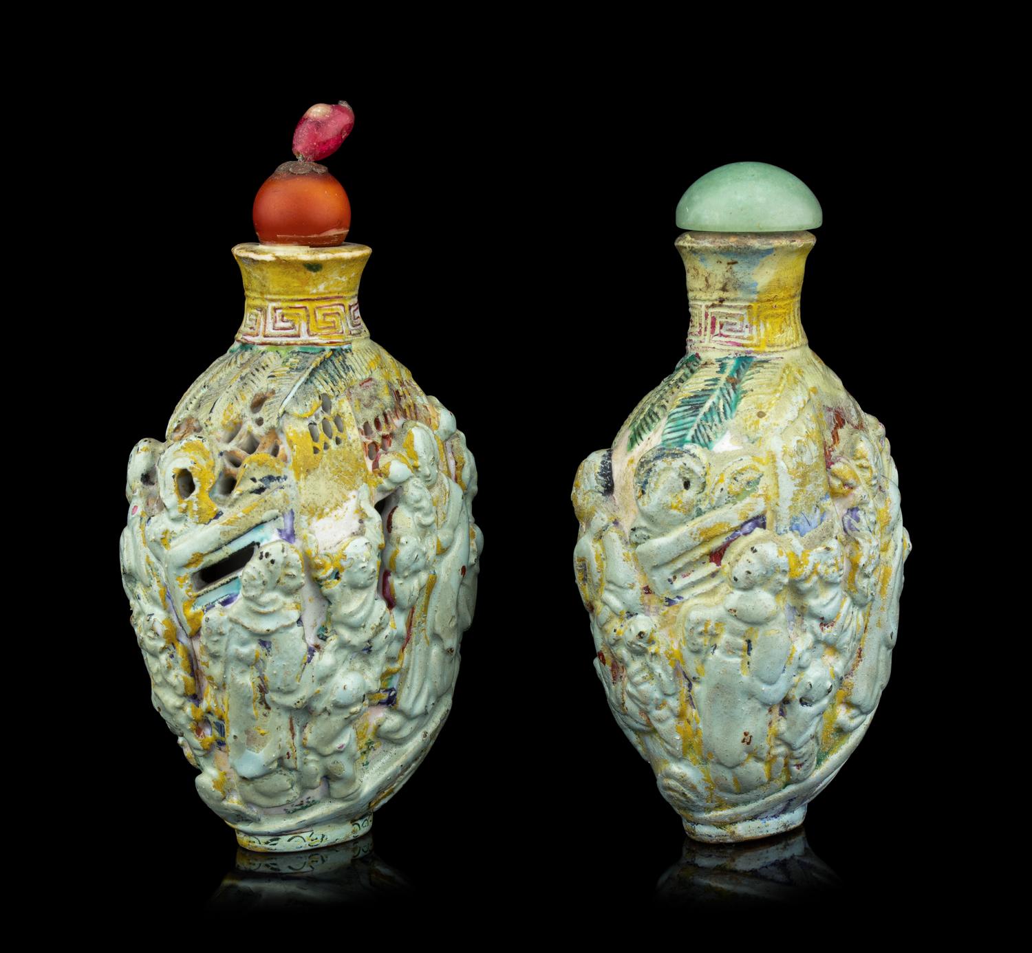 Two Chinese Molded Porcelain Snuff Bottles