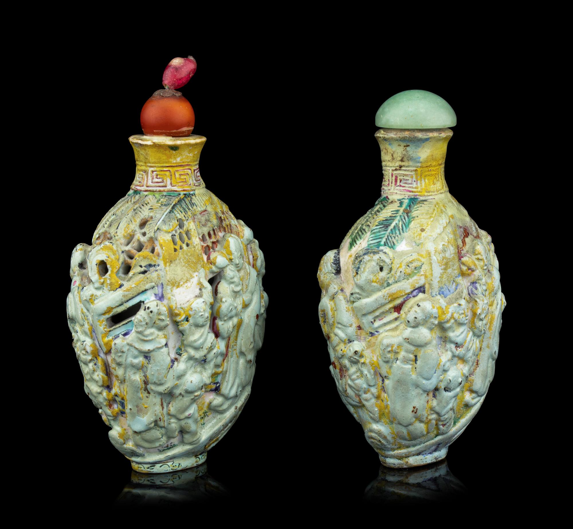 Two Chinese Molded Porcelain Snuff Bottles