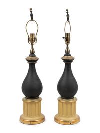 A Pair of Continental Porcelain and Giltwood Lamps