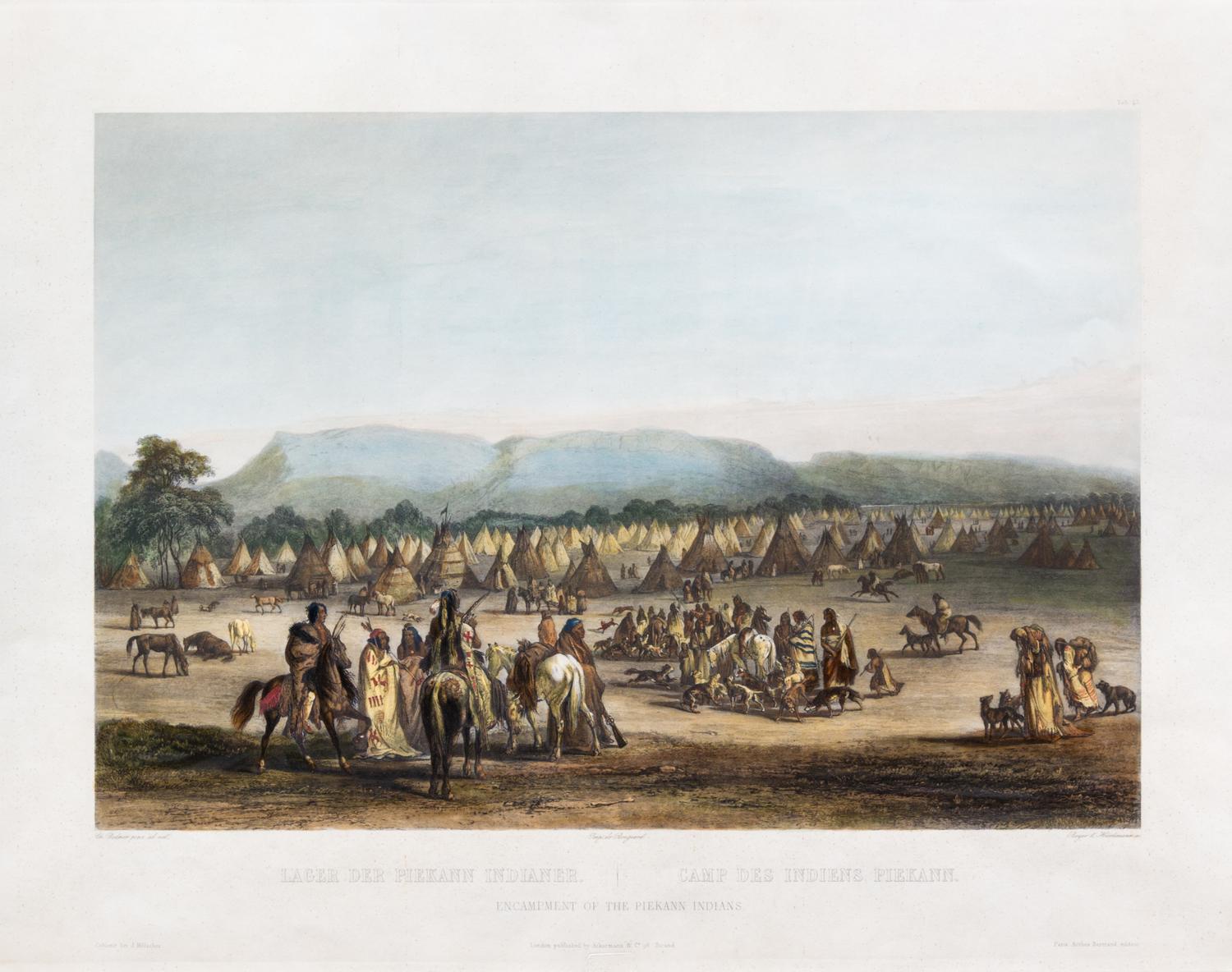 (BODMER, CHARLES, after) Pikaan Indian Encampment. Engraving with hand-coloring. London, n.d.