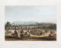 (BODMER, CHARLES, after) Pikaan Indian Encampment. Engraving with hand-coloring. London, n.d.