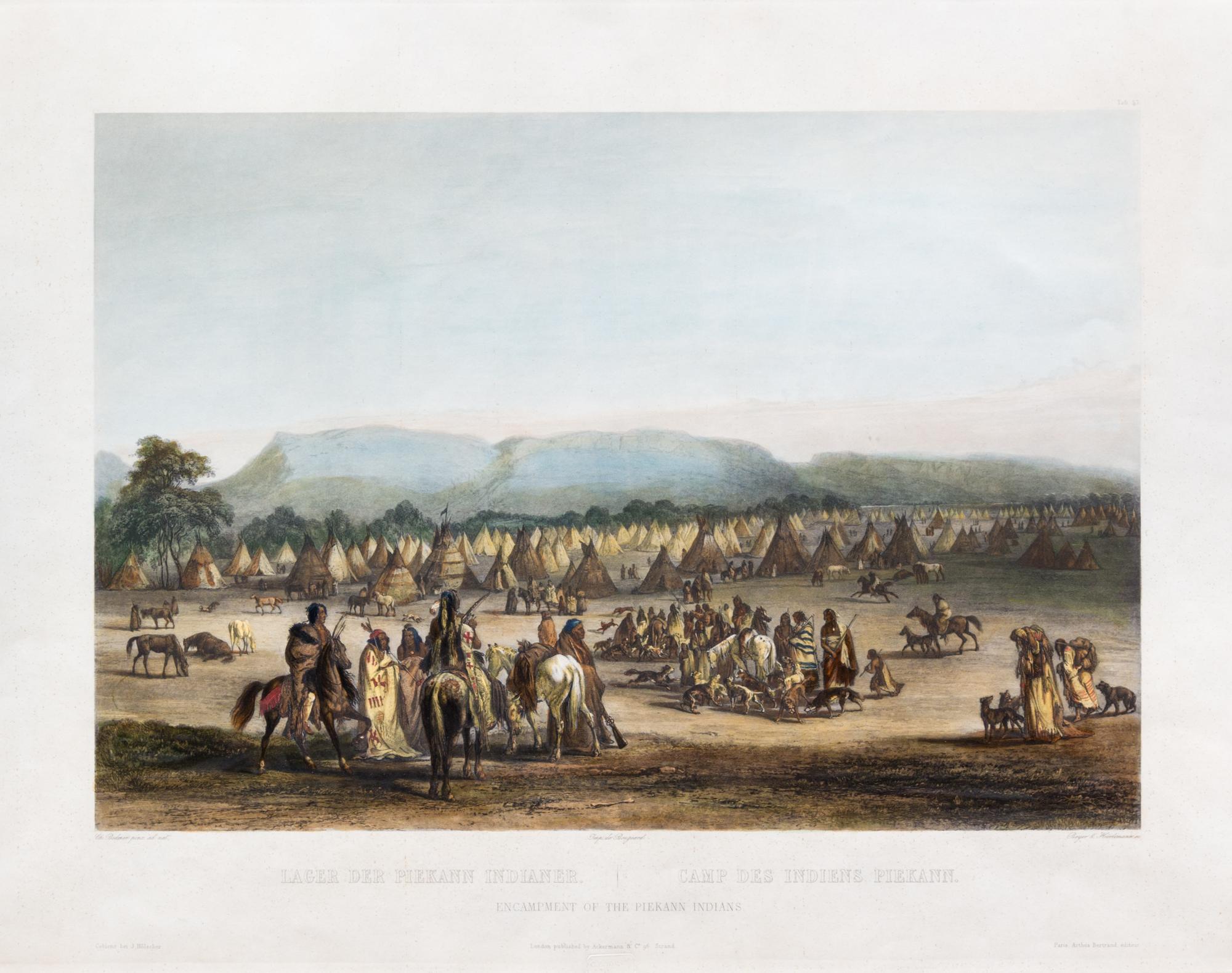(BODMER, CHARLES, after) Pikaan Indian Encampment. Engraving with hand-coloring. London, n.d.