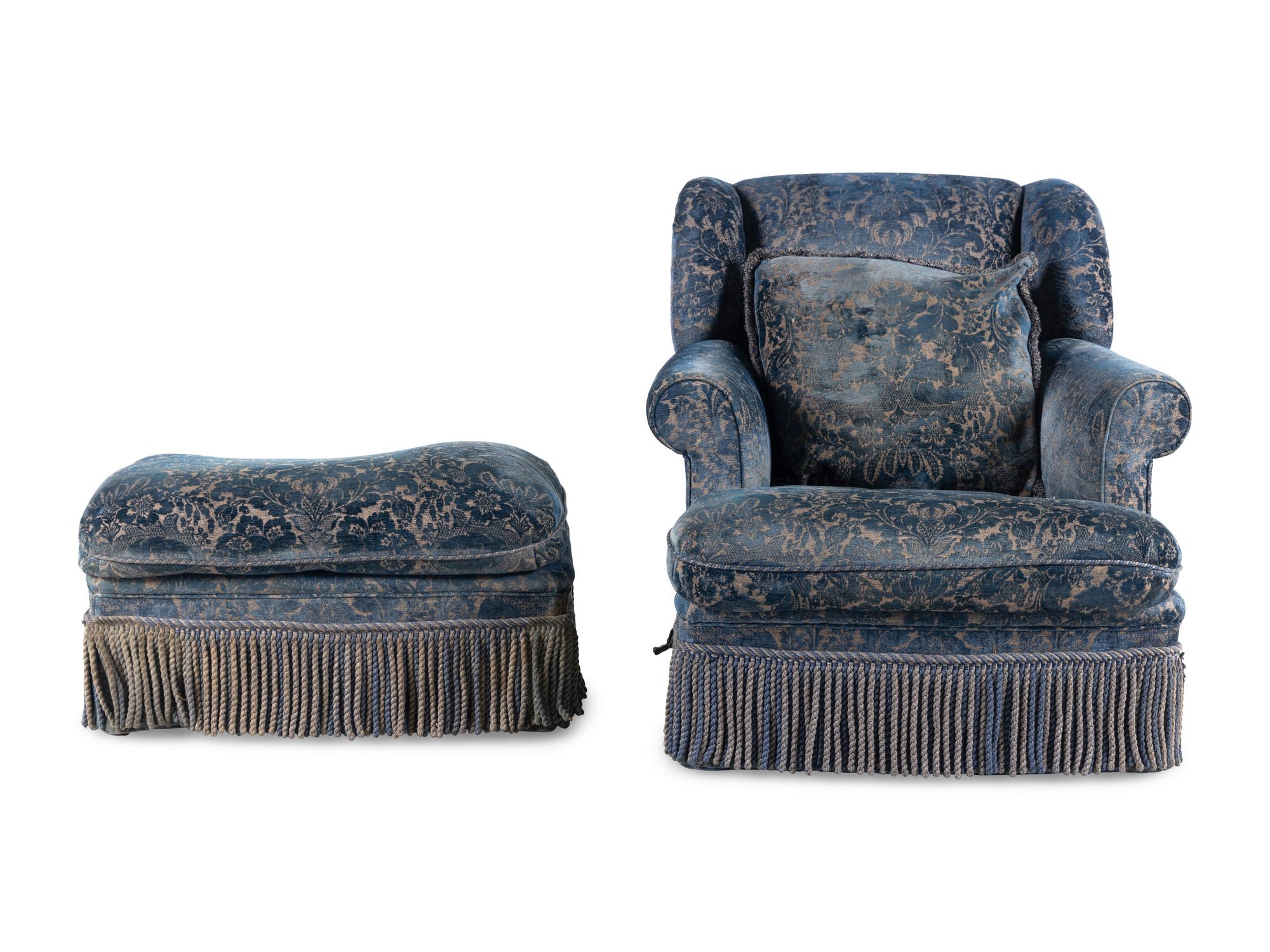 A Dessin Fournir Upholstered Armchair and Ottoman