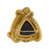 Marlene Stowe, Onyx, Diamond, and Yellow Gold Pendant Brooch and Earrings