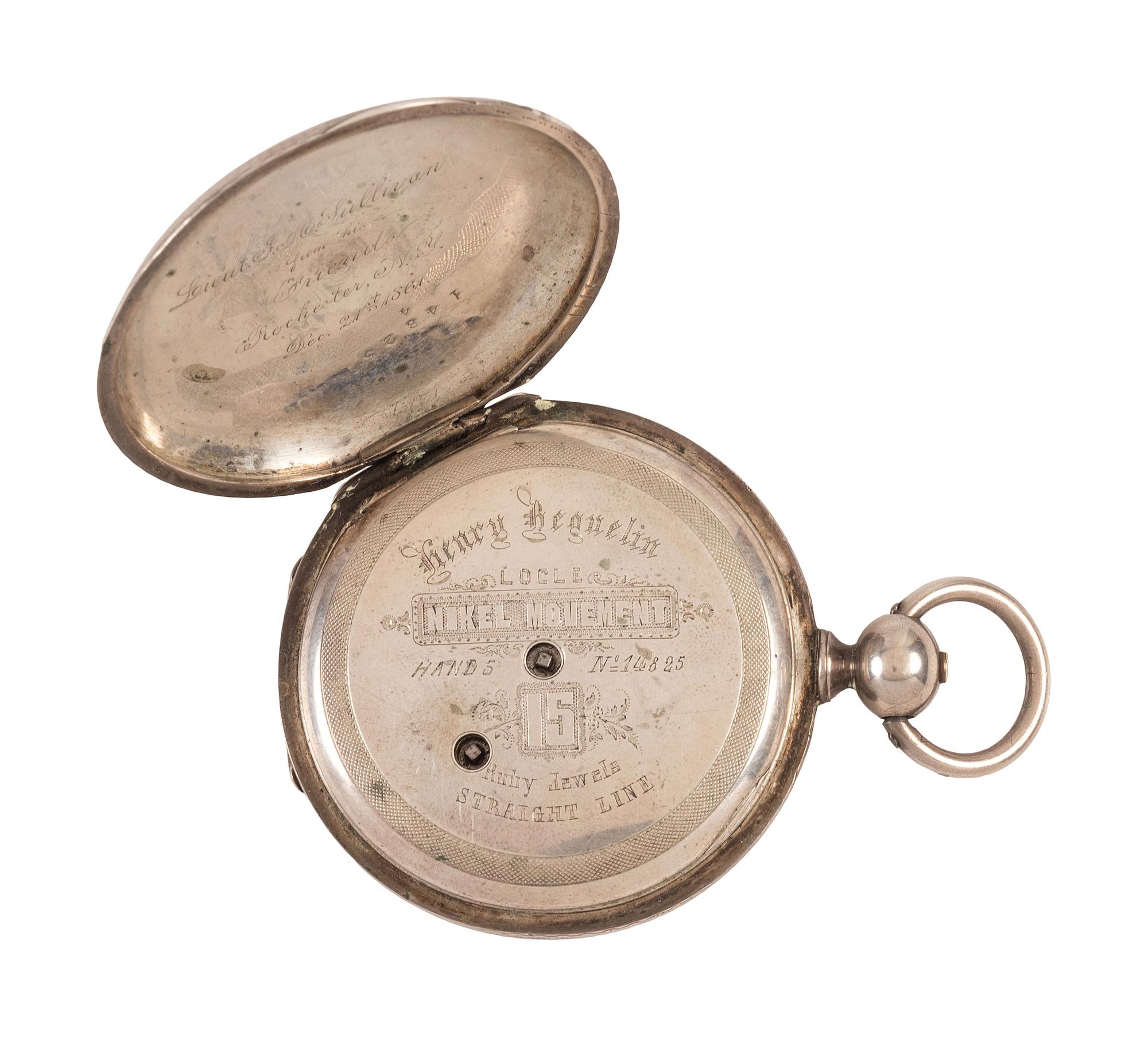 [CIVIL WAR]. Presentation watch engraved to Major Jeremiah A. Sullivan, 13th NY Infantry & 1st NY Veteran Cavalry, KIA at Cabletown, WV, with CDV in uniform.