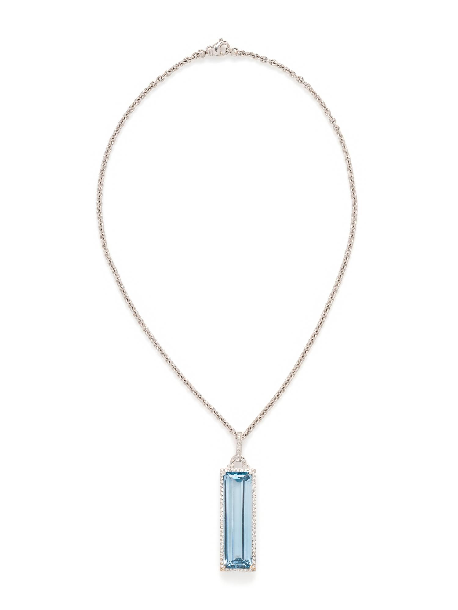 WHITE GOLD, SYNTHETIC SPINEL AND DIAMOND PENDANT/NECKLACE