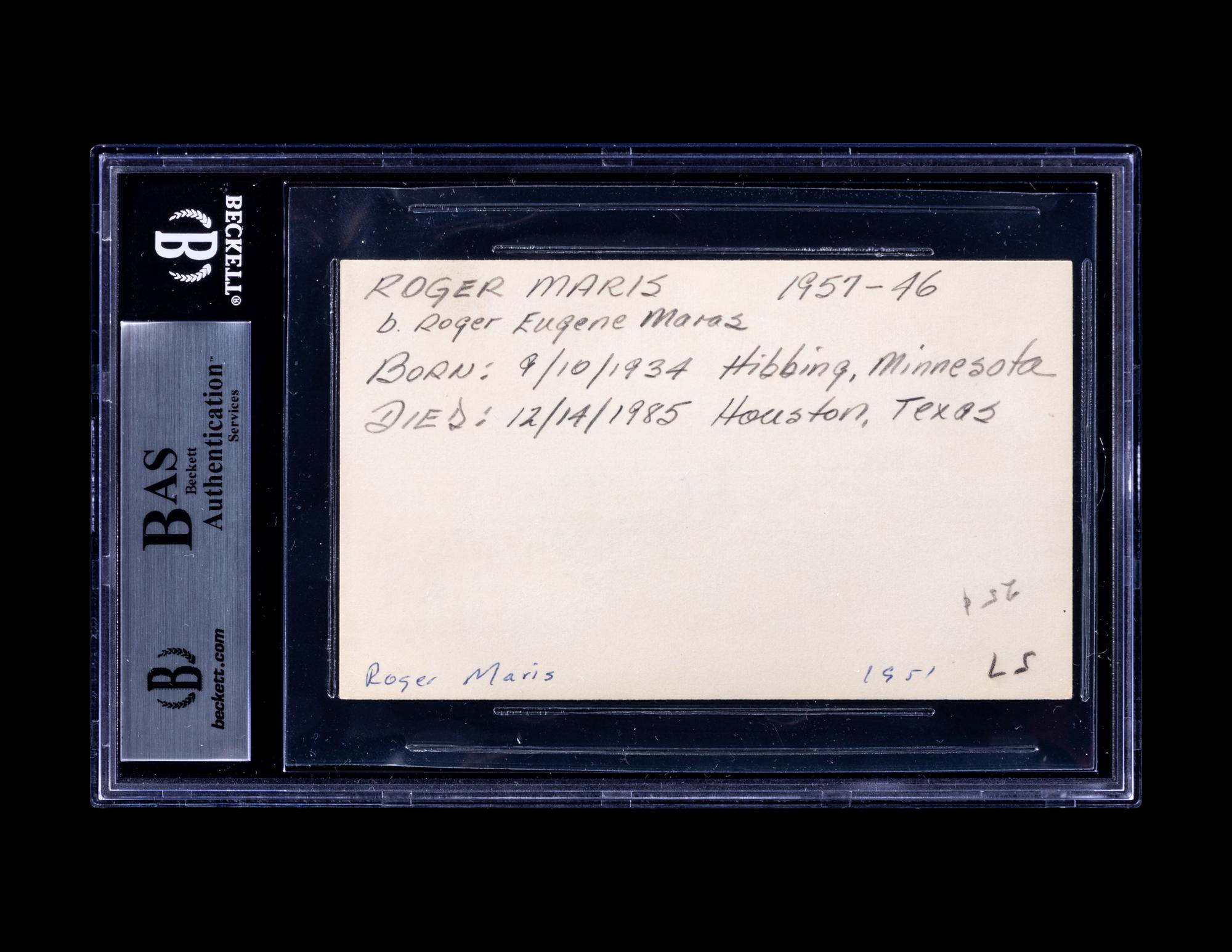 A Roger Maris Single Signed Autograph Index Card (Beckett Authentication Services Encapsulated),