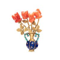 CORAL, TURQUOISE AND ENAMEL FLOWER BROOCH