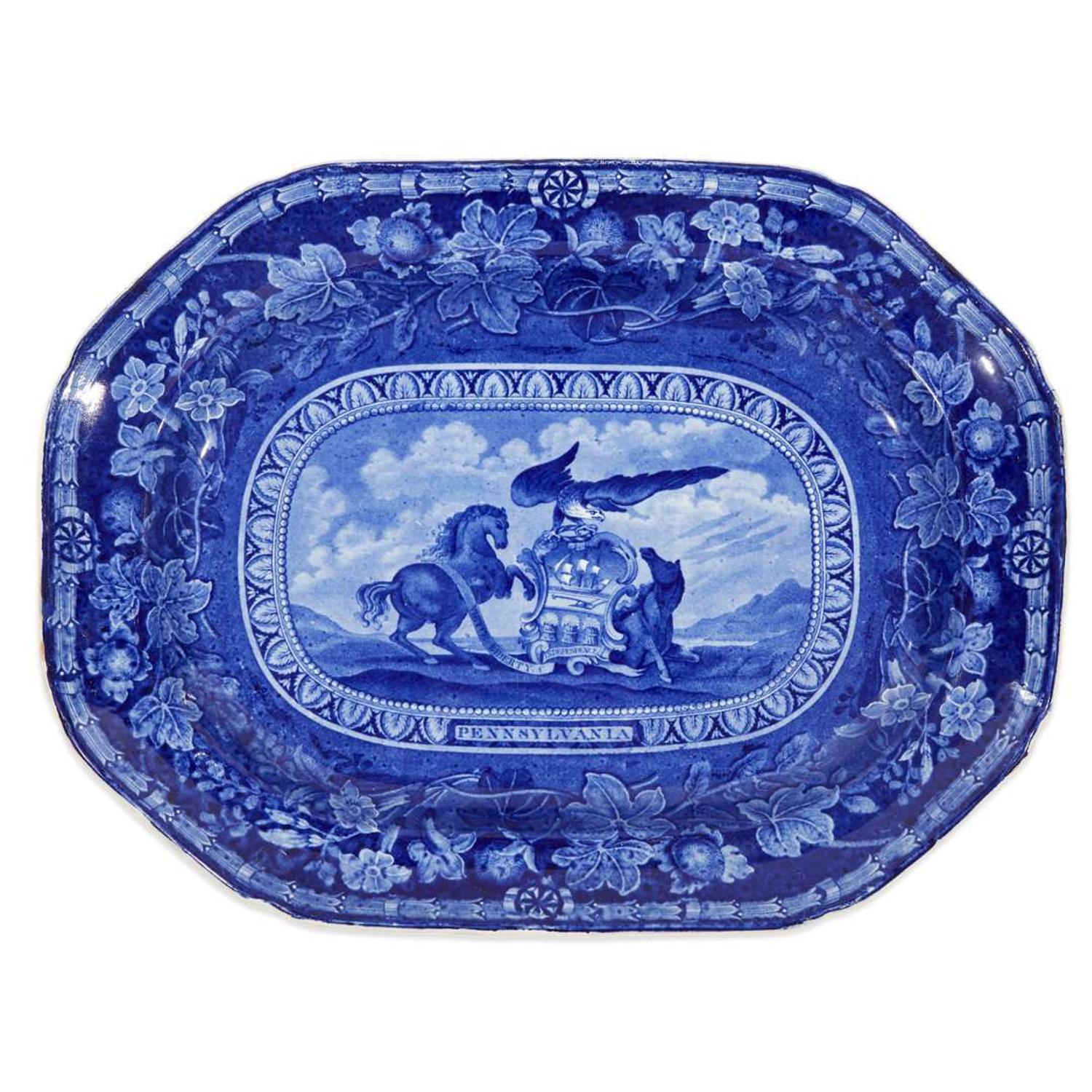 Rare Historical Blue Staffordshire 'Arms of Pennsylvania' platter Thomas Mayer, Stoke, Cliff Bank Works, circa 1830