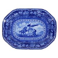 Rare Historical Blue Staffordshire 'Arms of Pennsylvania' platter Thomas Mayer, Stoke, Cliff Bank Works, circa 1830
