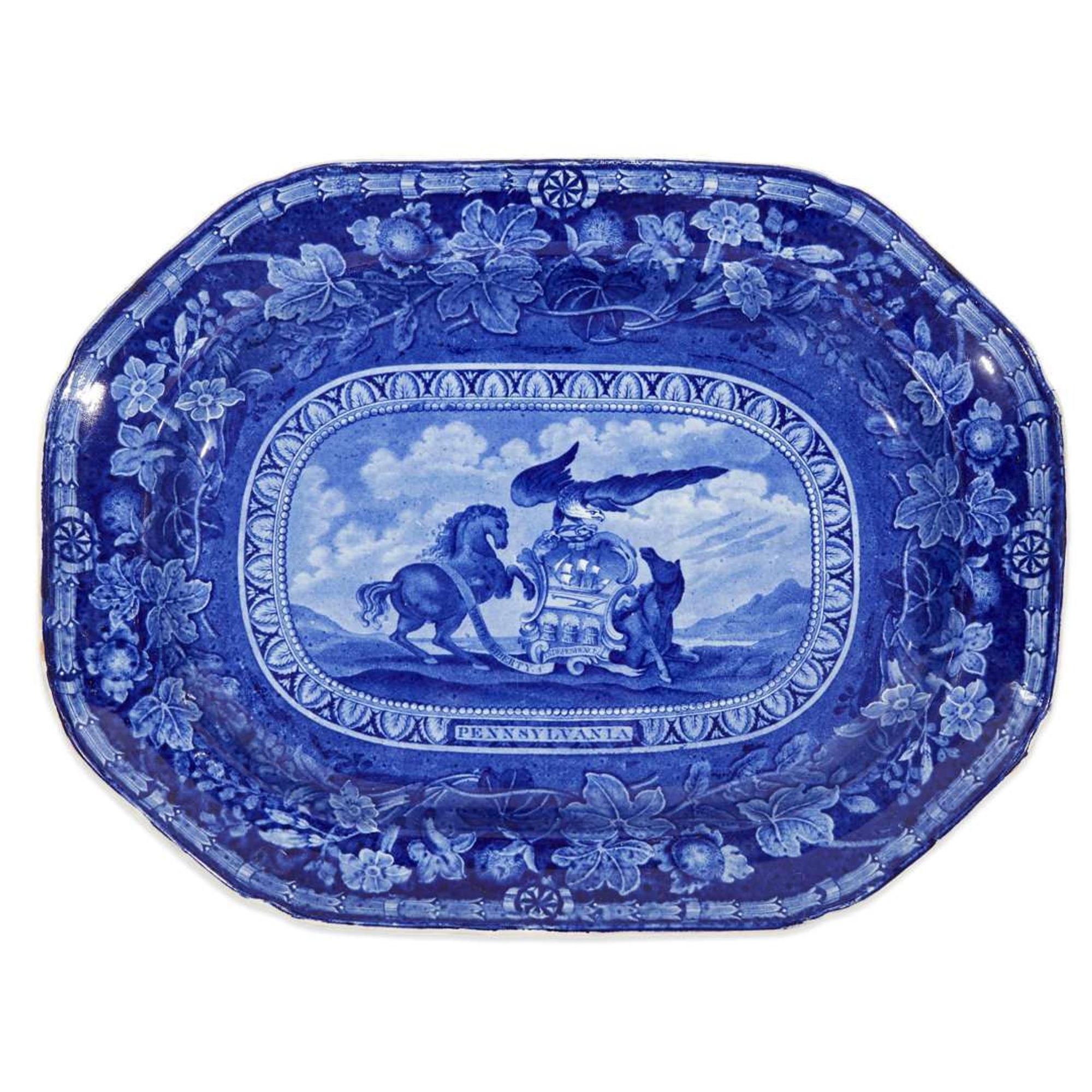 Rare Historical Blue Staffordshire 'Arms of Pennsylvania' platter Thomas Mayer, Stoke, Cliff Bank Works, circa 1830