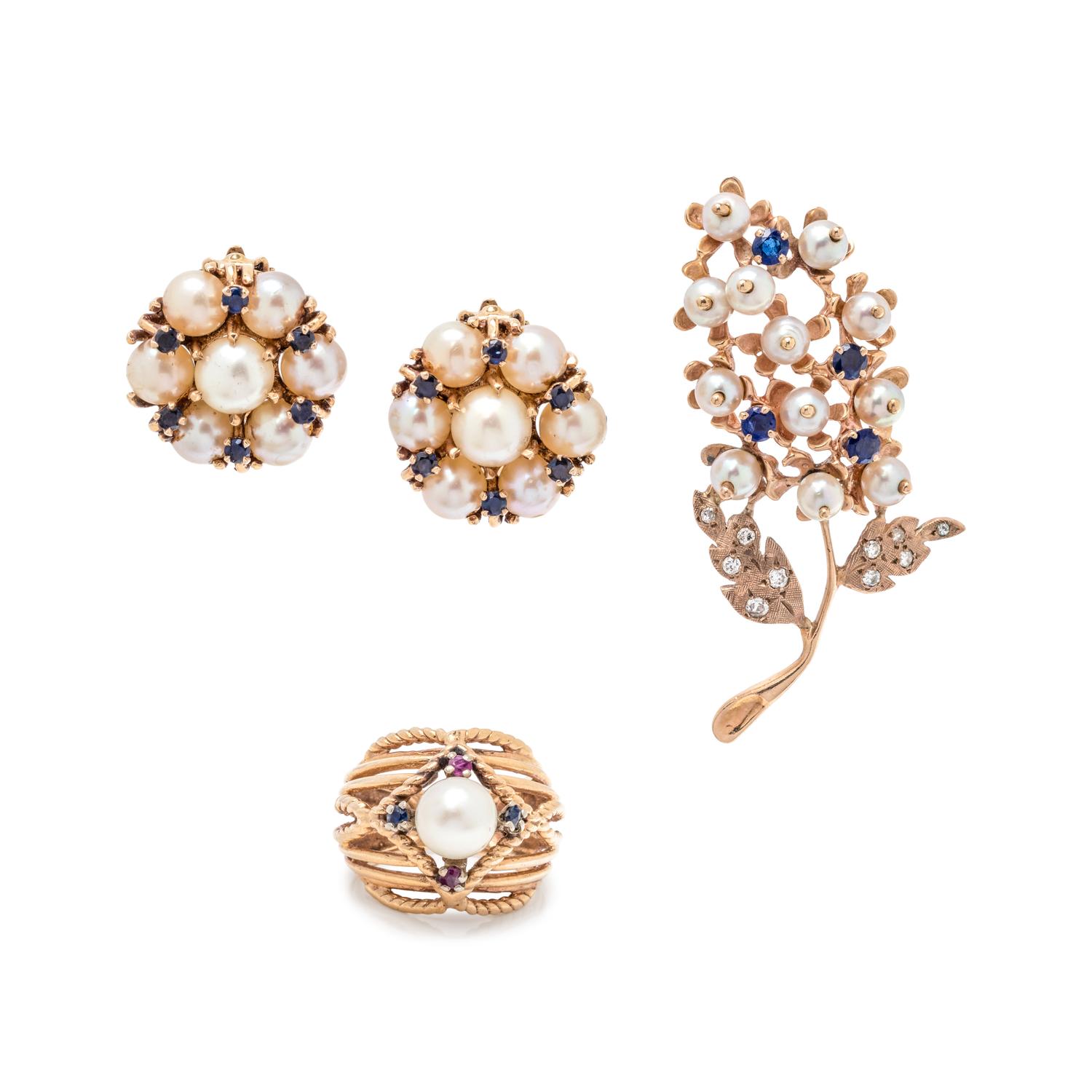 COLLECTION OF CULTURED PEARL AND SAPPHIRE JEWELRY