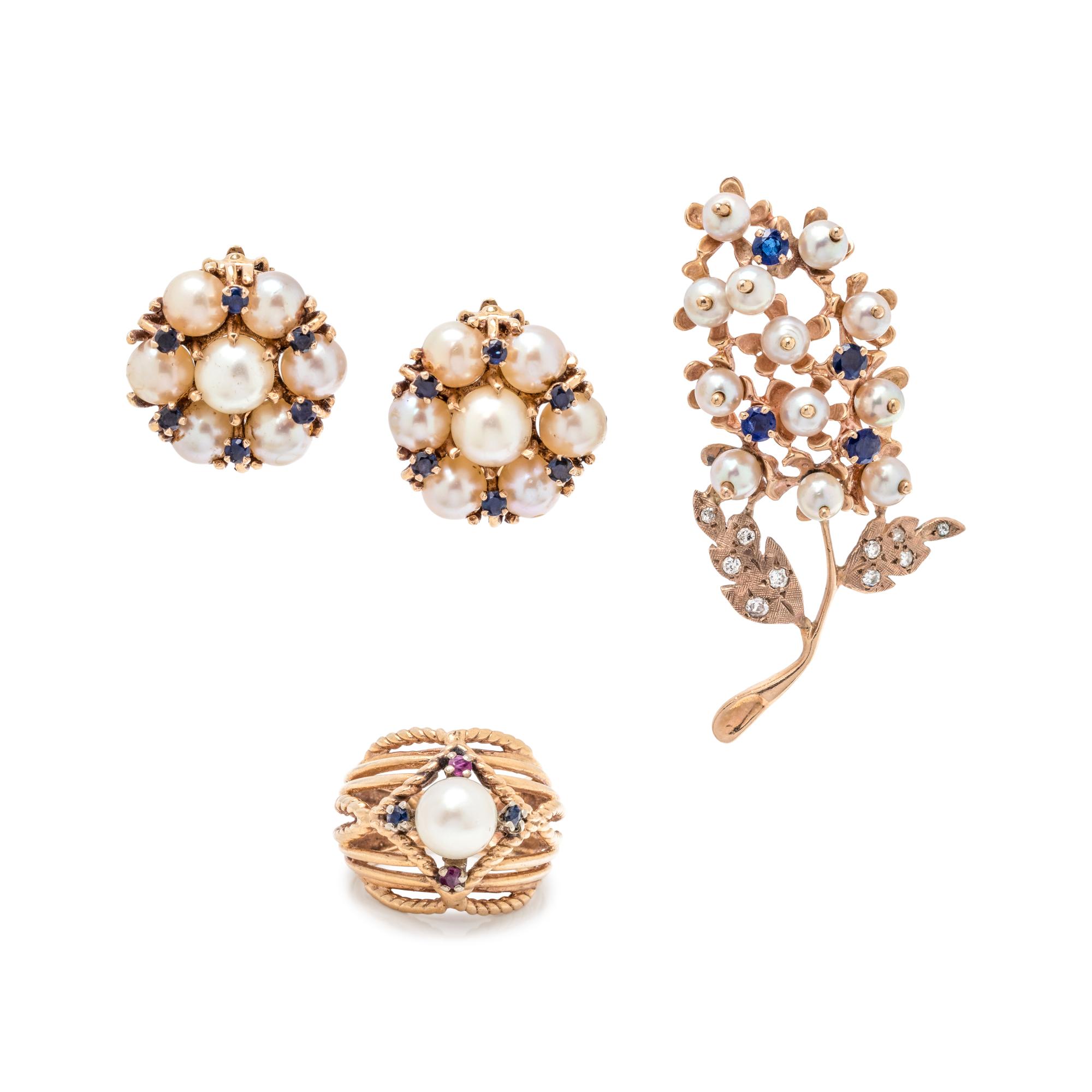 COLLECTION OF CULTURED PEARL AND SAPPHIRE JEWELRY