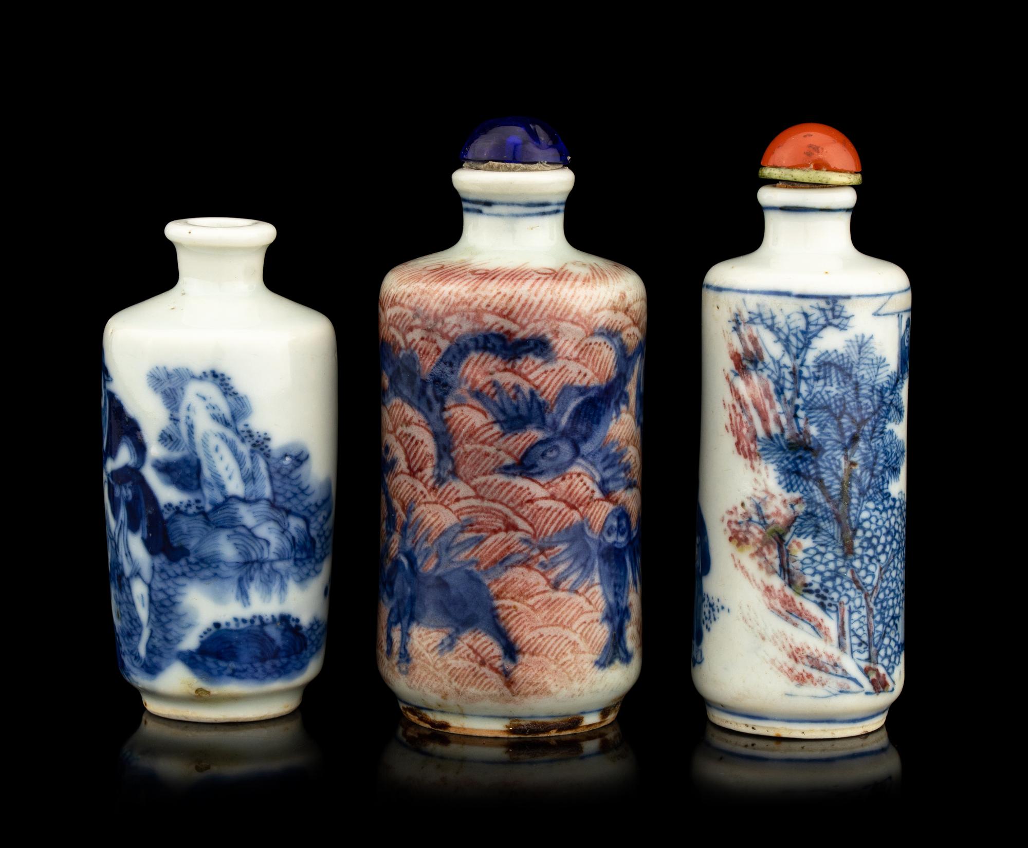 Three Blue and White Porcelain Snuff Bottles
