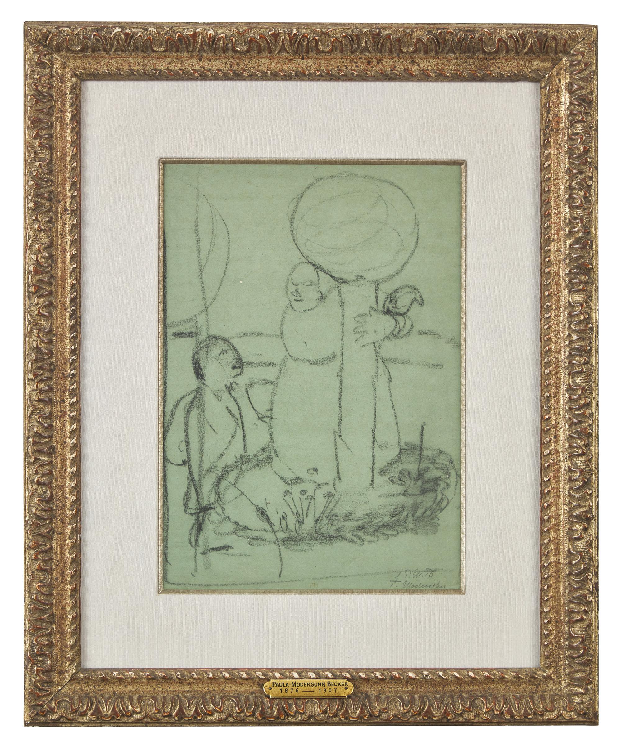 Stehende Armenhaüslerin und Kind zwischen zwei Glaskugeln auf Stangen (Standing Poor Woman and Child between Two Glass Balls on Poles), 1907