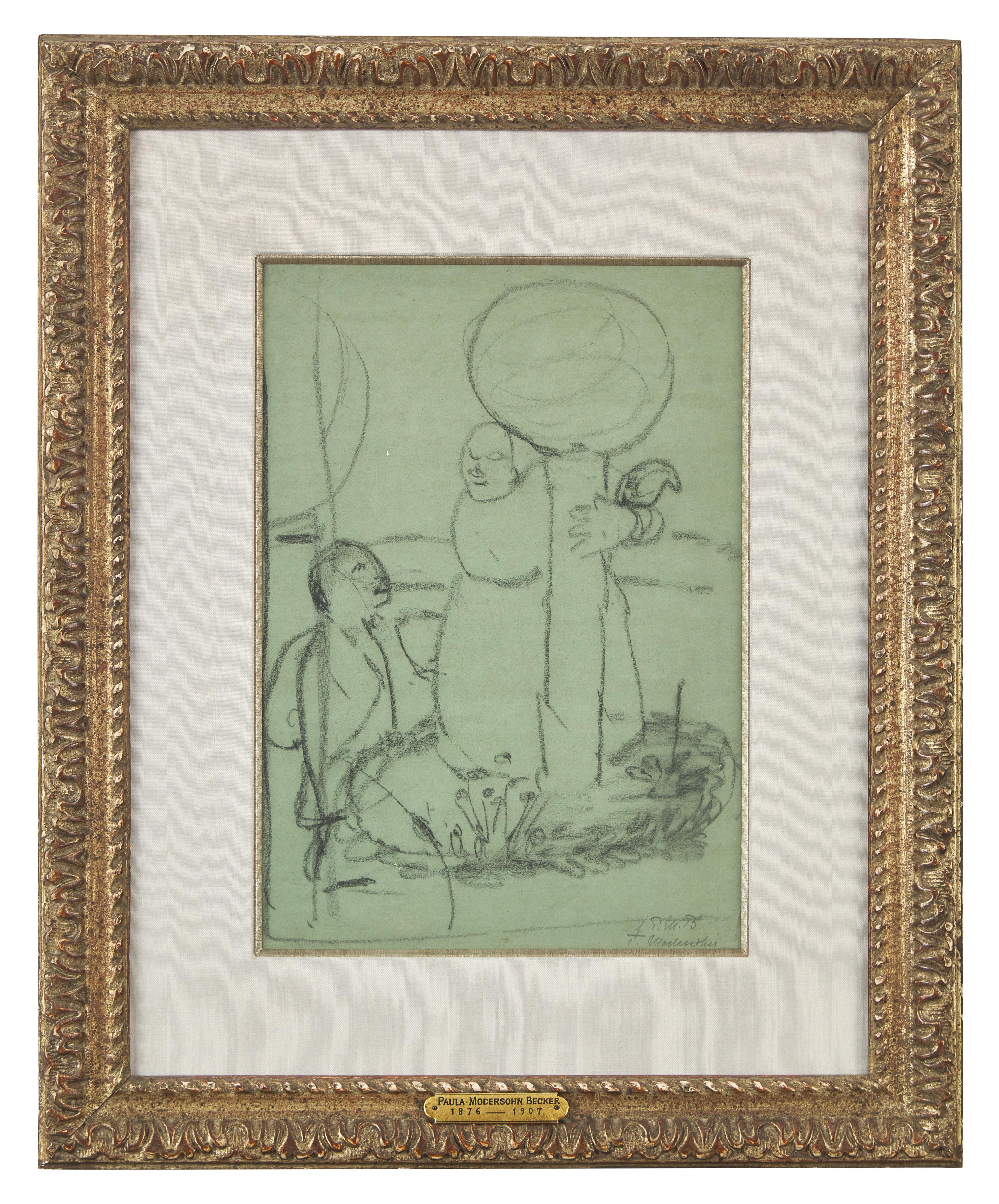 Stehende Armenhaüslerin und Kind zwischen zwei Glaskugeln auf Stangen (Standing Poor Woman and Child between Two Glass Balls on Poles), 1907