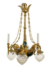 An Empire Style Gilt Bronze and Painted Tôle Six-Light Chandelier