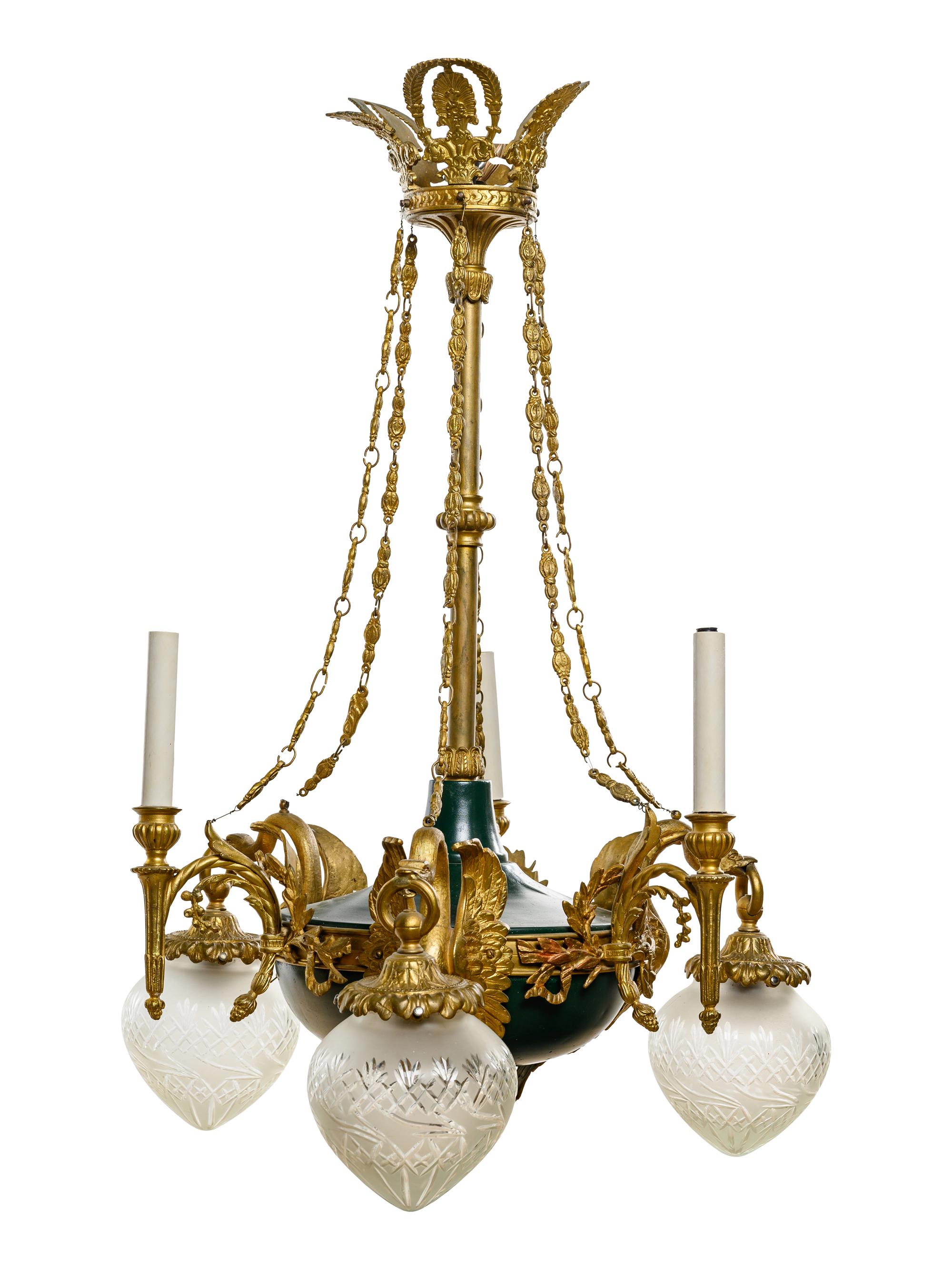 An Empire Style Gilt Bronze and Painted Tôle Six-Light Chandelier
