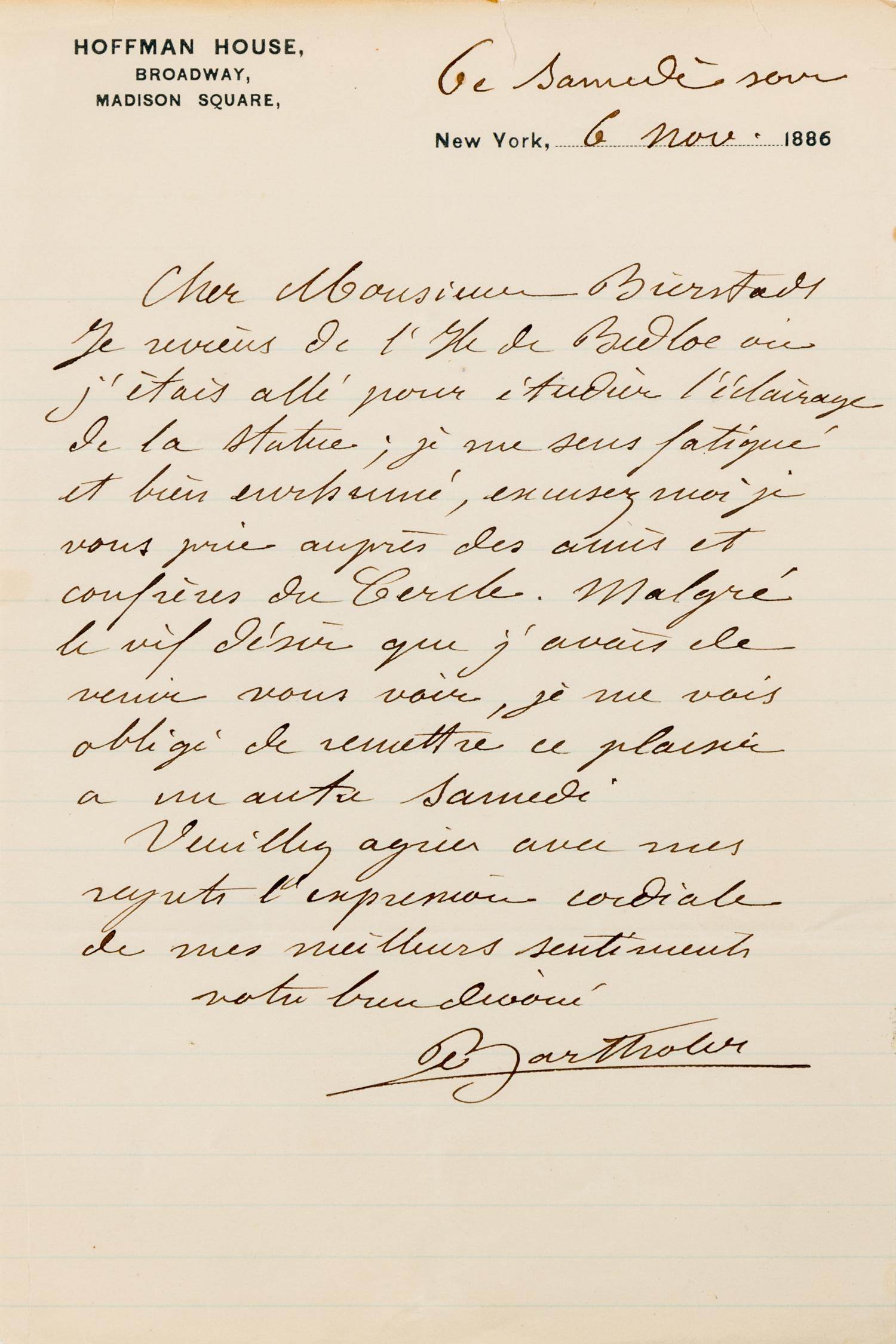 BARTHOLDI, Frederic Auguste. Autographed letter signed ("Bartholdi"), in French, to German-American artist Albert Bierstadt, 1886.