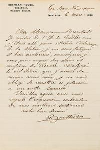 BARTHOLDI, Frederic Auguste. Autographed letter signed ("Bartholdi"), in French, to German-American artist Albert Bierstadt, 1886.
