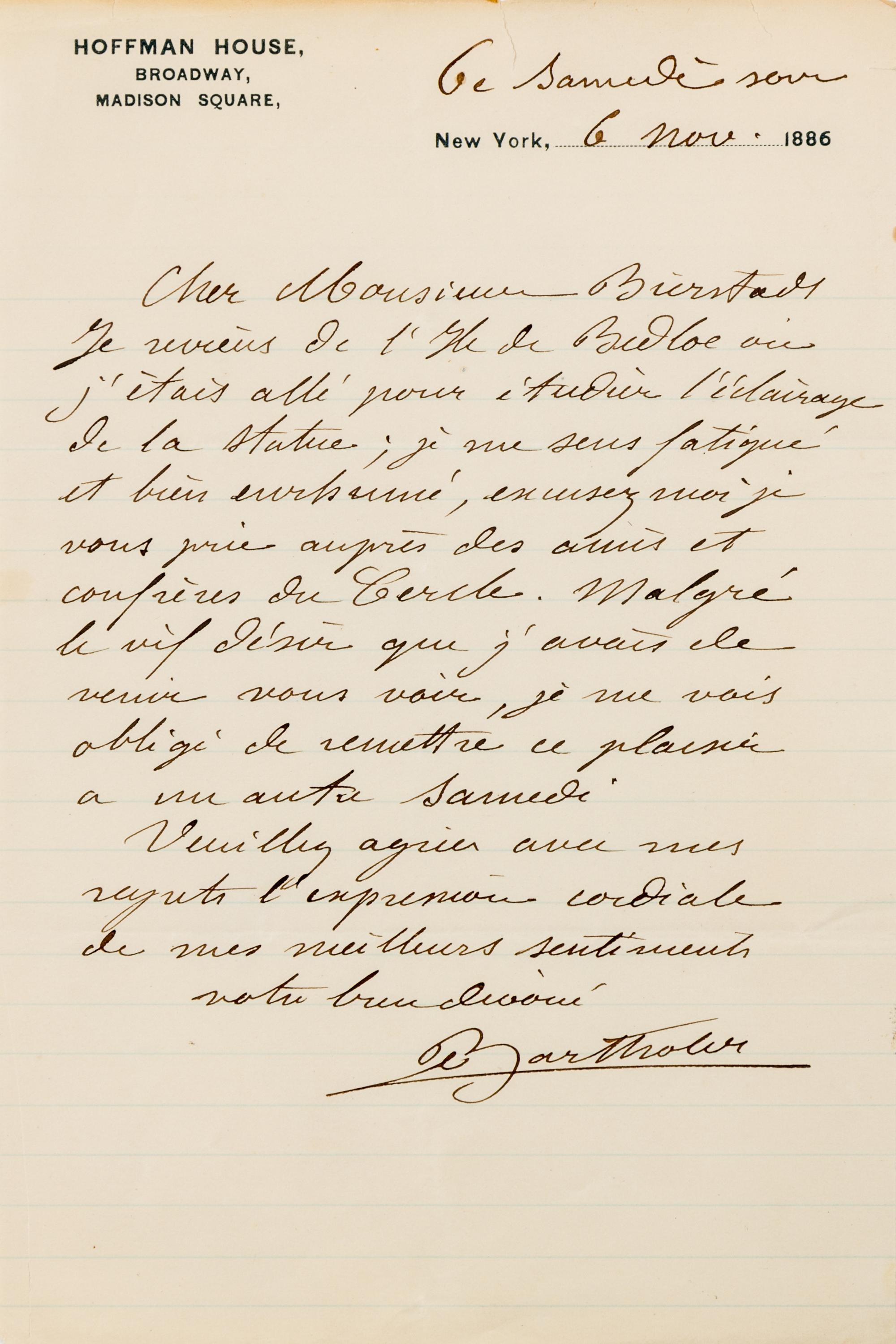BARTHOLDI, Frederic Auguste. Autographed letter signed ("Bartholdi"), in French, to German-American artist Albert Bierstadt, 1886.