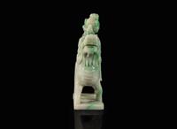 A Chinese jadeite figure of a meiren on a fabulous beast 翡翠雕仙人逸獸