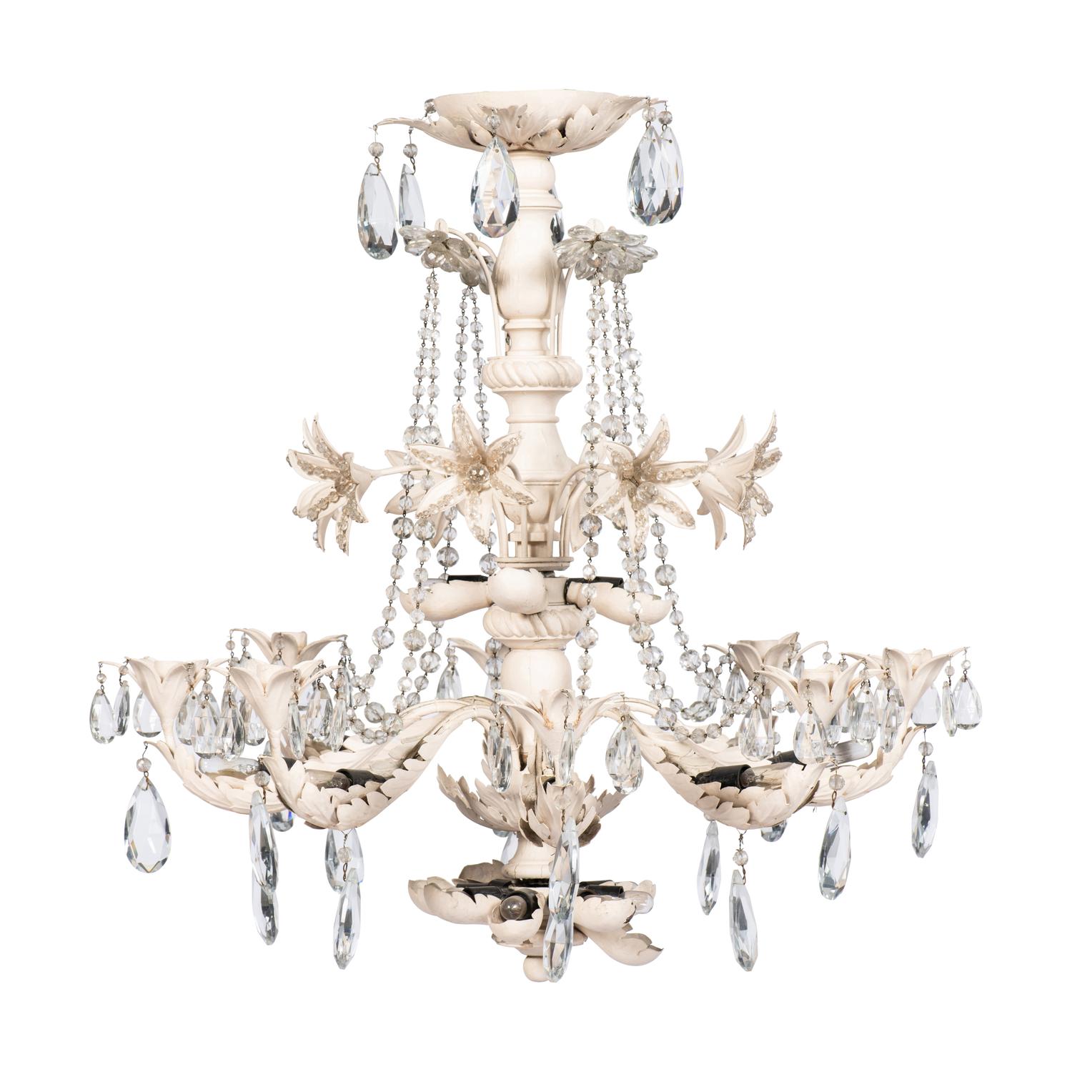 A Pair of Painted Metal and Cut Glass Eight-Light Chandeliers
