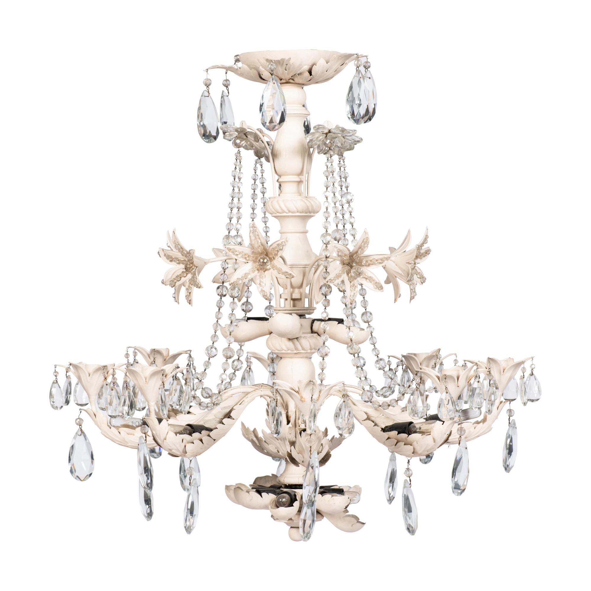 A Pair of Painted Metal and Cut Glass Eight-Light Chandeliers