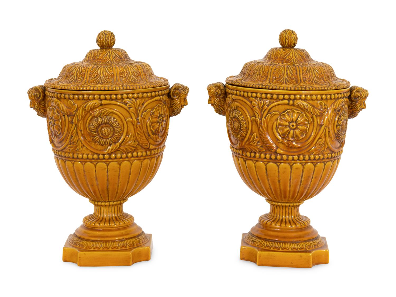 A Pair of Large Italian Saffron Yellow-Glazed Lidded Urns