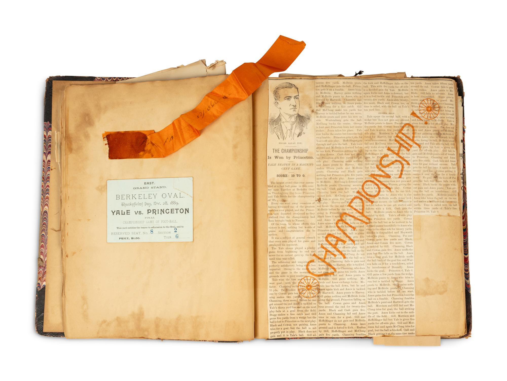 A Historical Princeton Scrapbook Featuring Princeton vs. Yale Nov. 28 Championship Game Football Ticket at Berkely Oval, ca. 1889-90