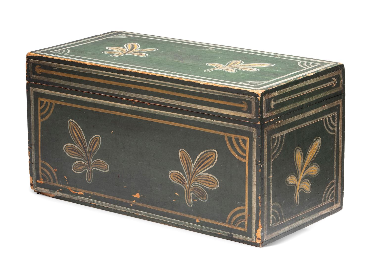 A Country Green, Yellow and White Painted Palm Leaf-Decorated Maple Blanket Chest